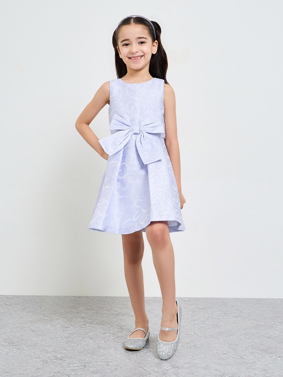 Purple Jacquard Dress with Bow Detail