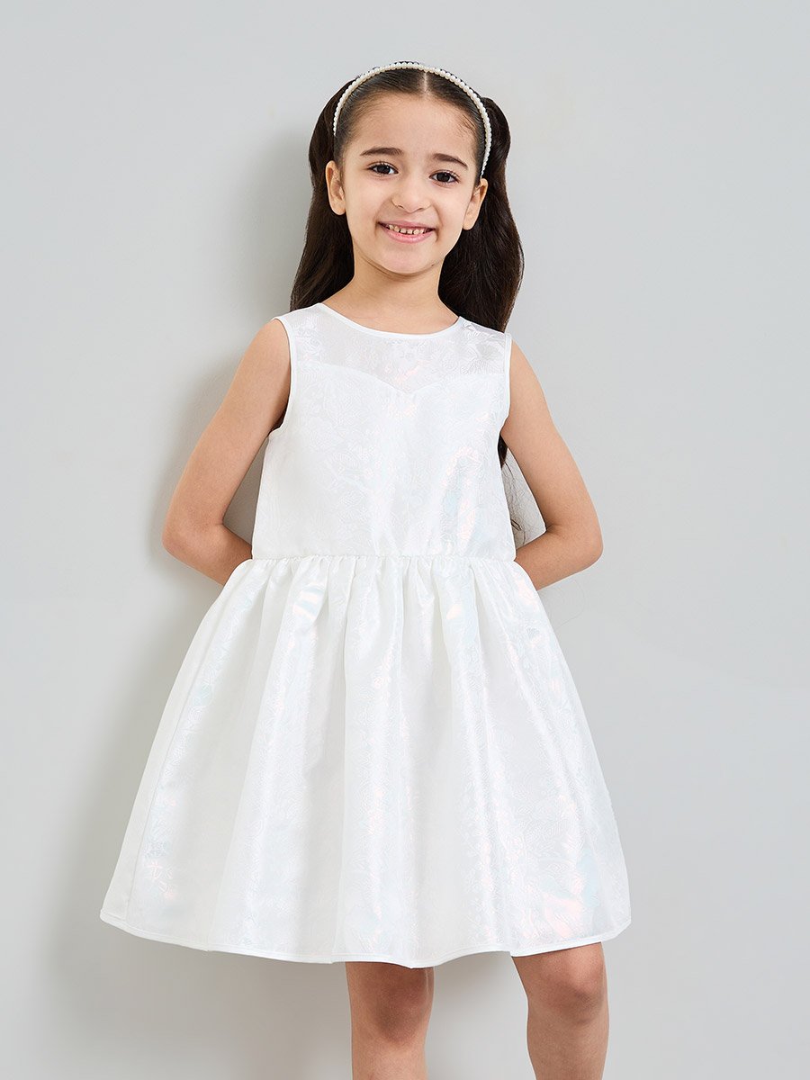 Girls White Sleeveless A-Line Dress