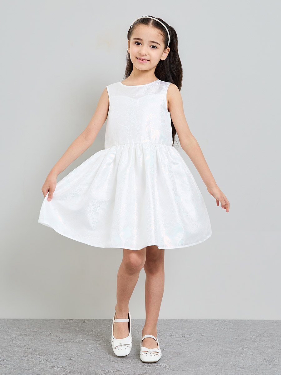 Girls White Sleeveless A-Line Dress