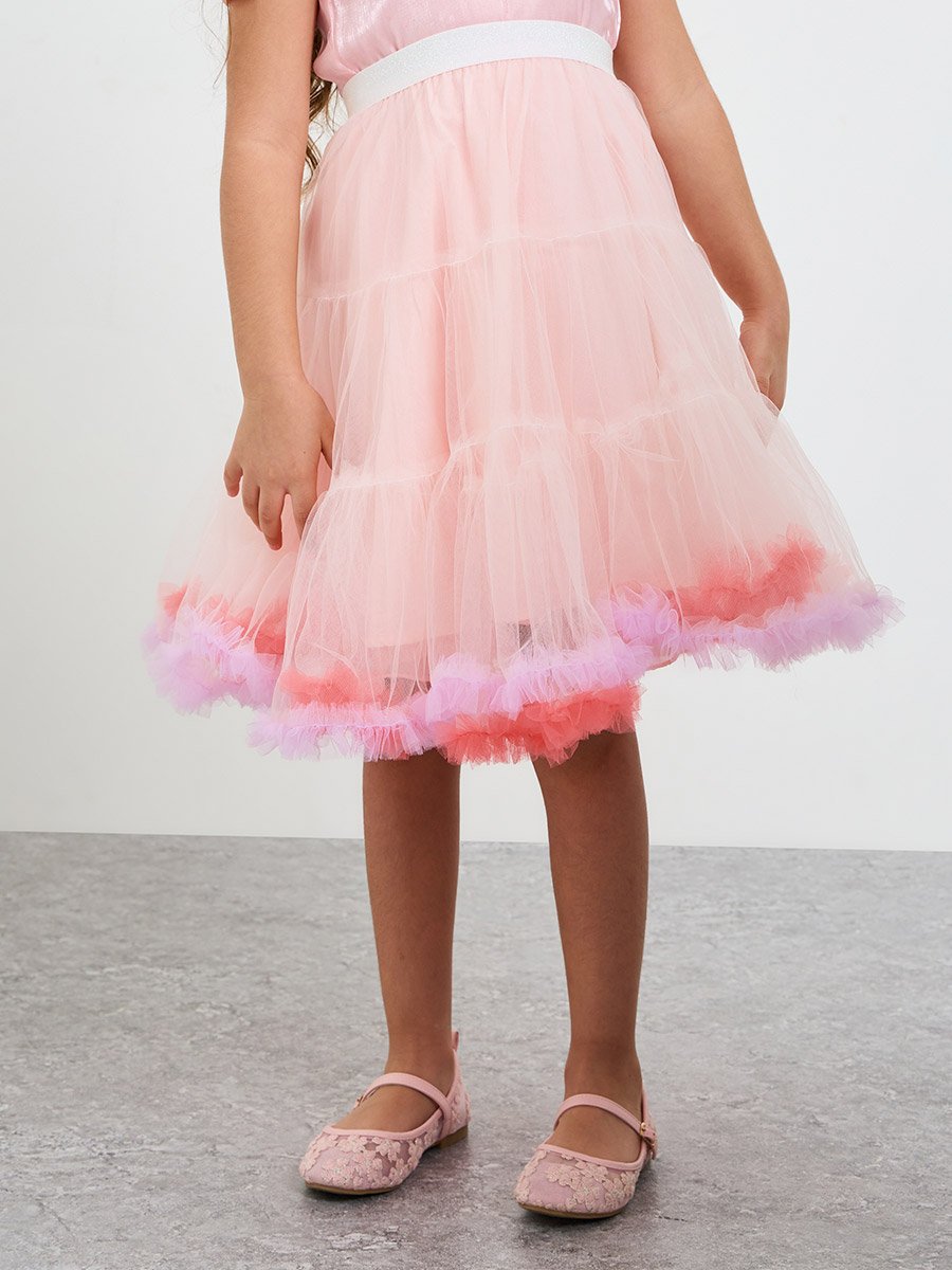 Girls Peach Ombre Flared and Tiered Tulle Midi Skirt