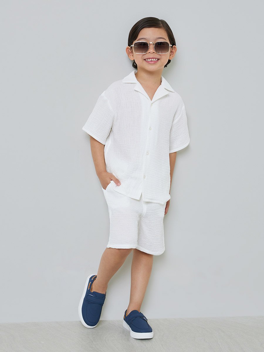 Boys White Cotton Collared Shirt and Shorts Set
