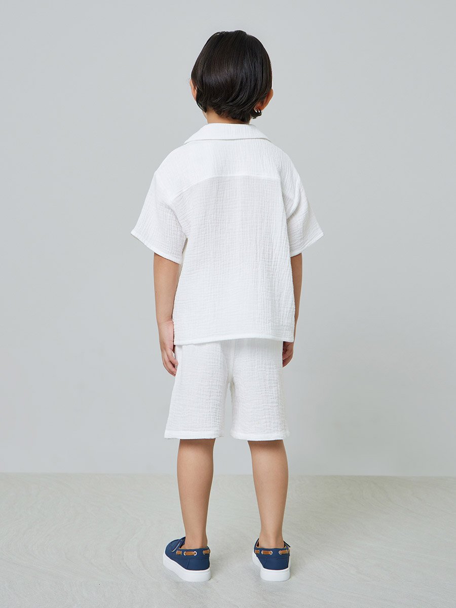 Boys White Cotton Collared Shirt and Shorts Set