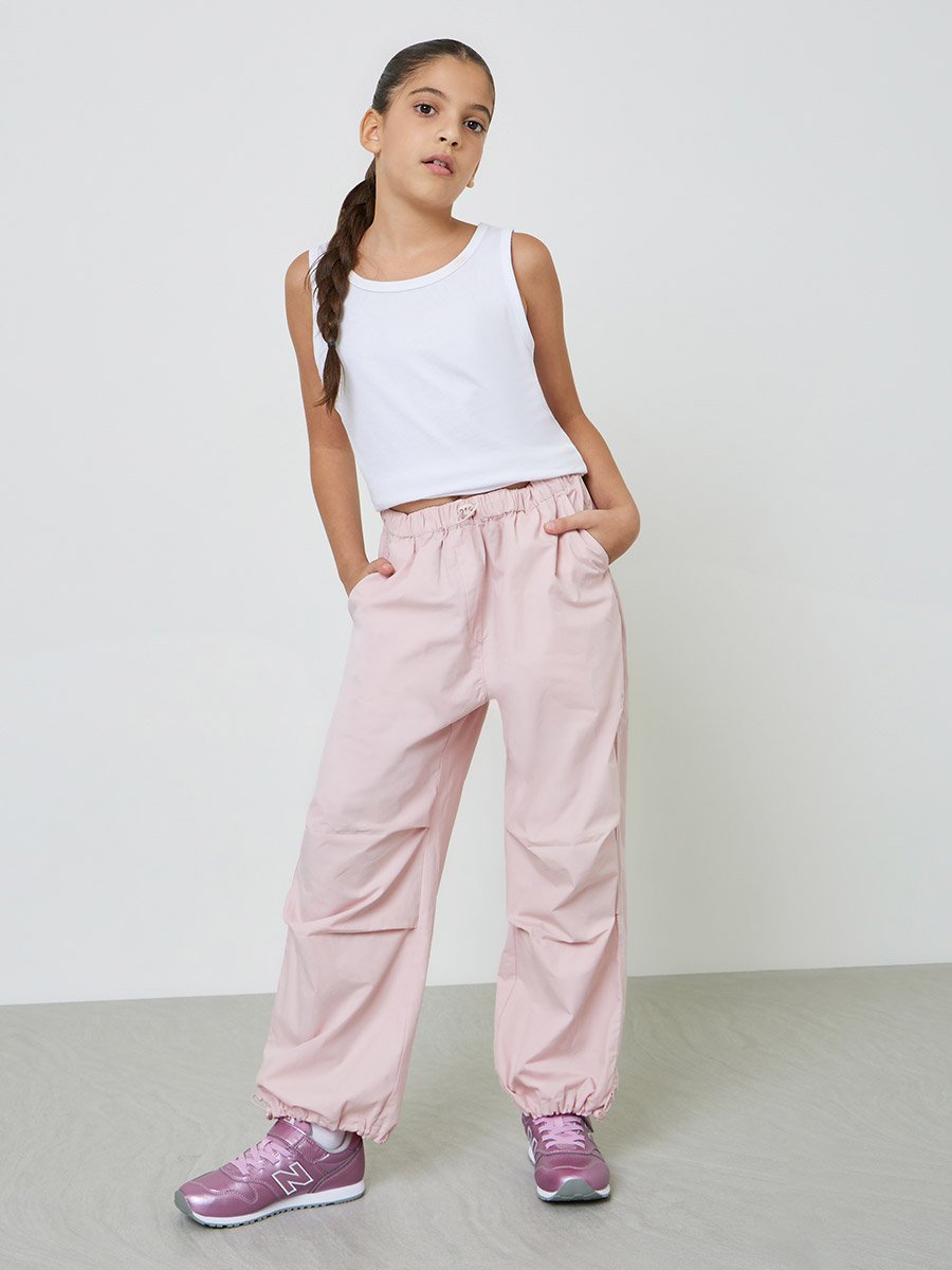 Girls Light Pink Cotton Woven Casual Trousers