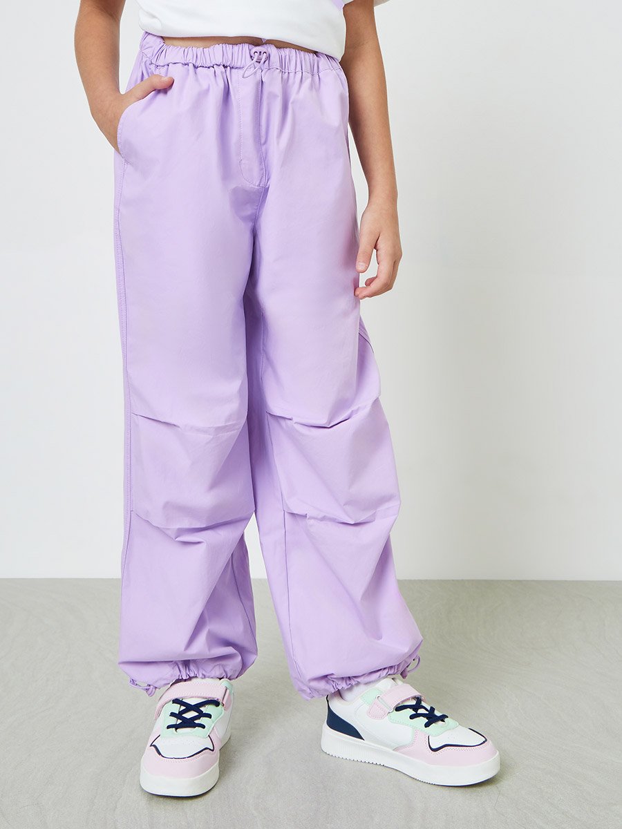 Girls Purple Cotton Woven Solid Relaxed Fit Pants