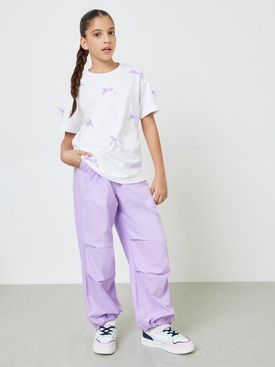 Girls Purple Cotton Woven Solid Relaxed Fit Pants