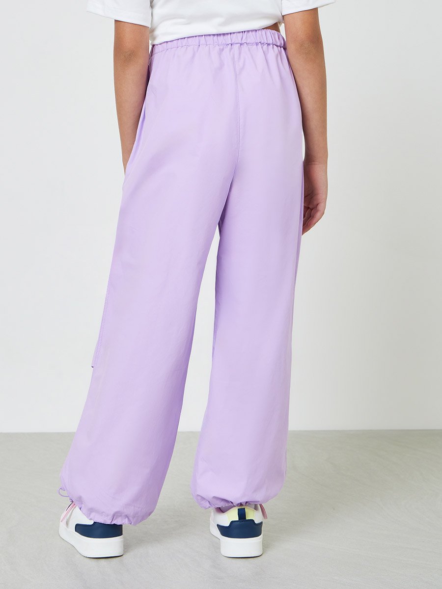 Girls Purple Cotton Woven Solid Relaxed Fit Pants