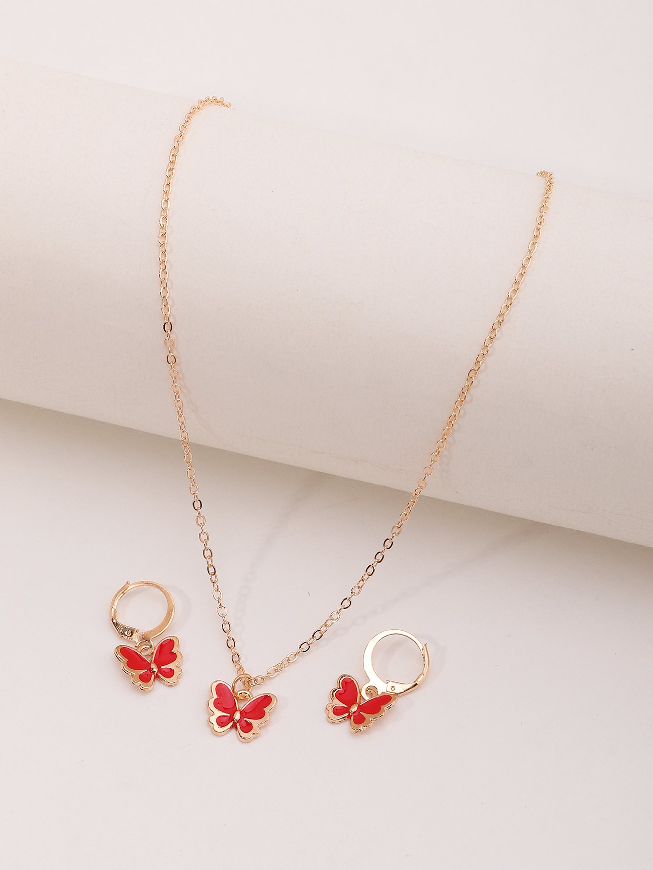 Girls Red Butterfly Pendant Necklace and Earrings Set
