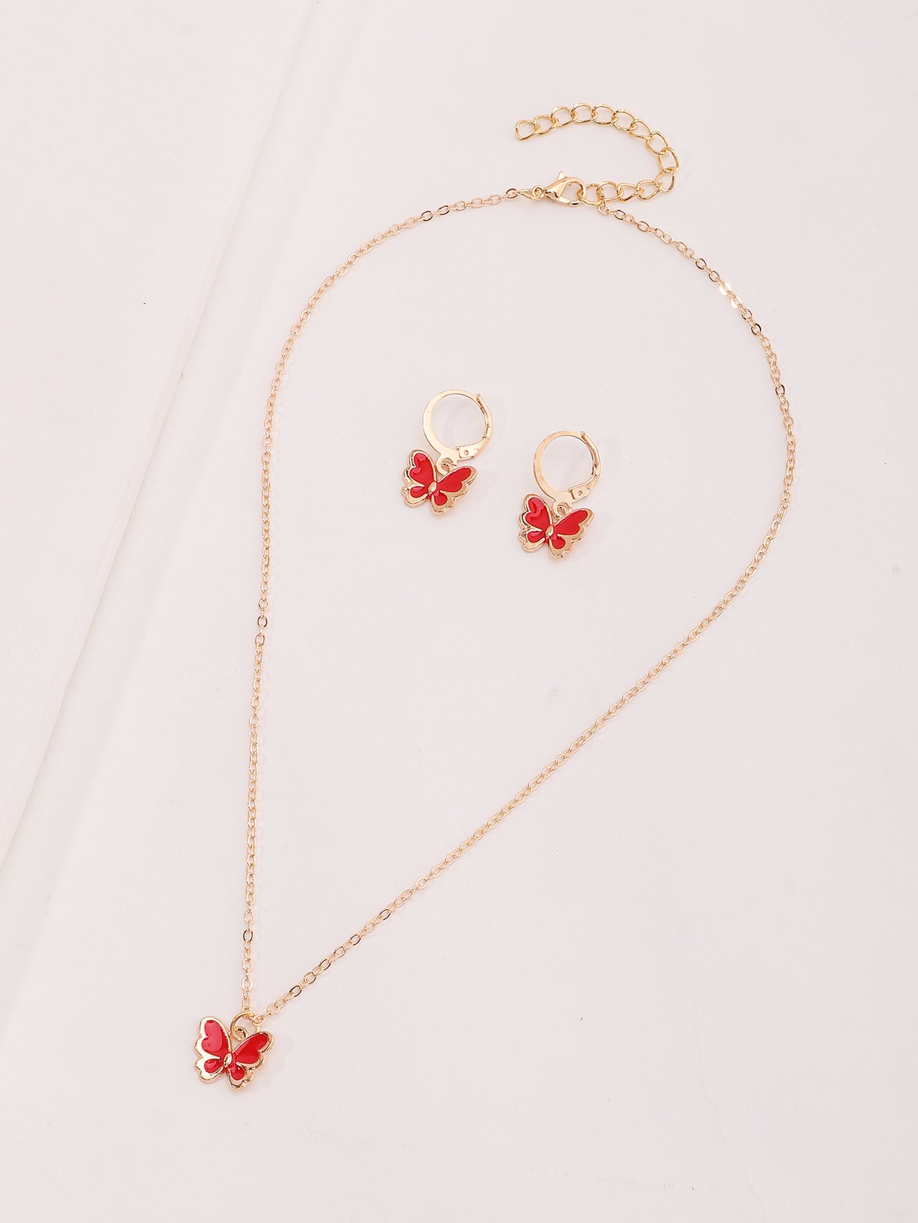 Girls Red Butterfly Pendant Necklace and Earrings Set