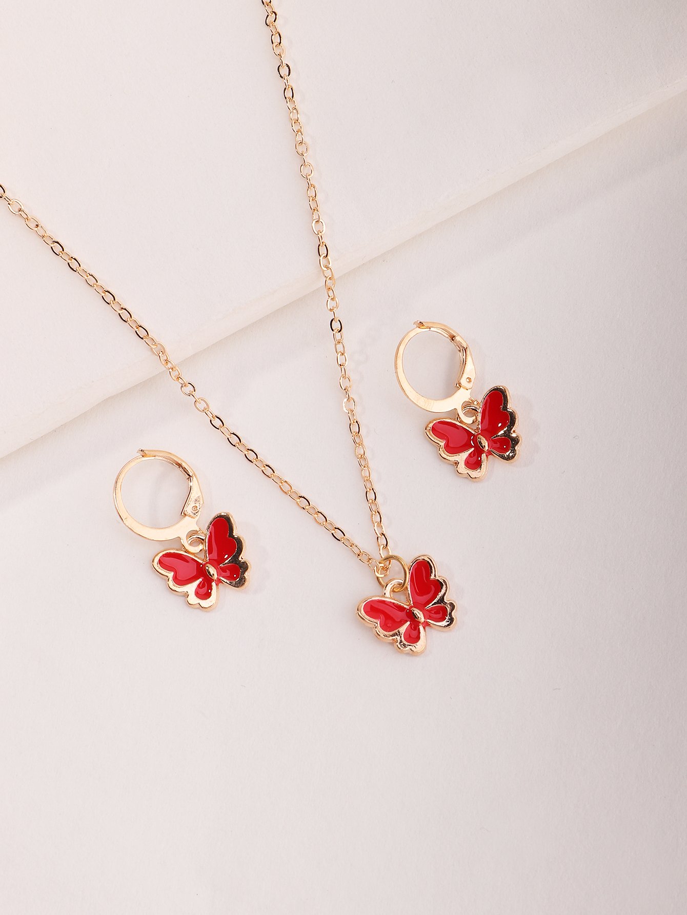 Girls Red Butterfly Pendant Necklace and Earrings Set
