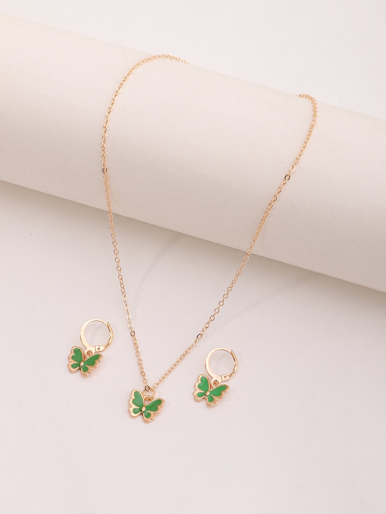 Girls Green Butterfly Pendant Necklace and Earrings Set