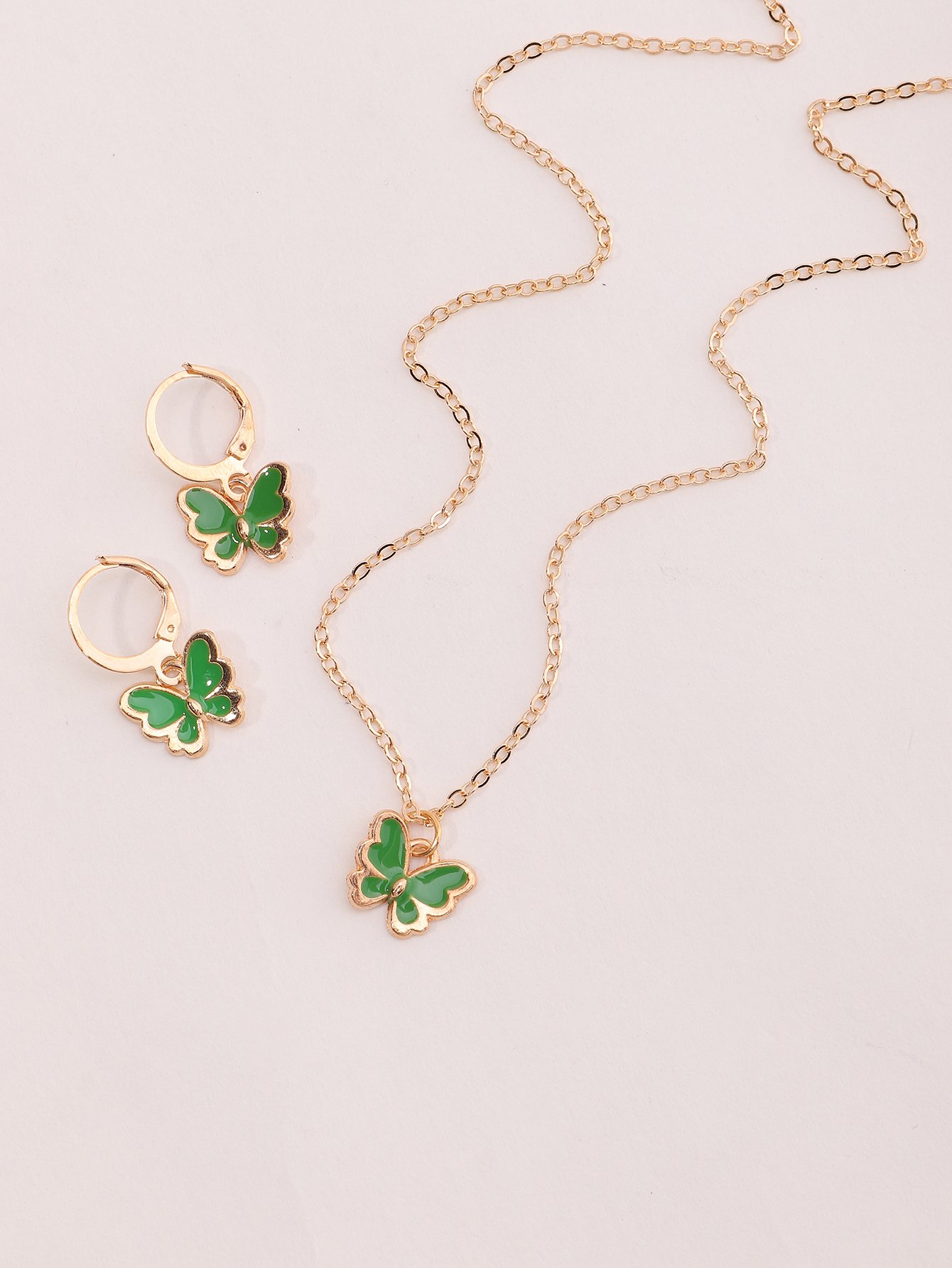 Girls Green Butterfly Pendant Necklace and Earrings Set