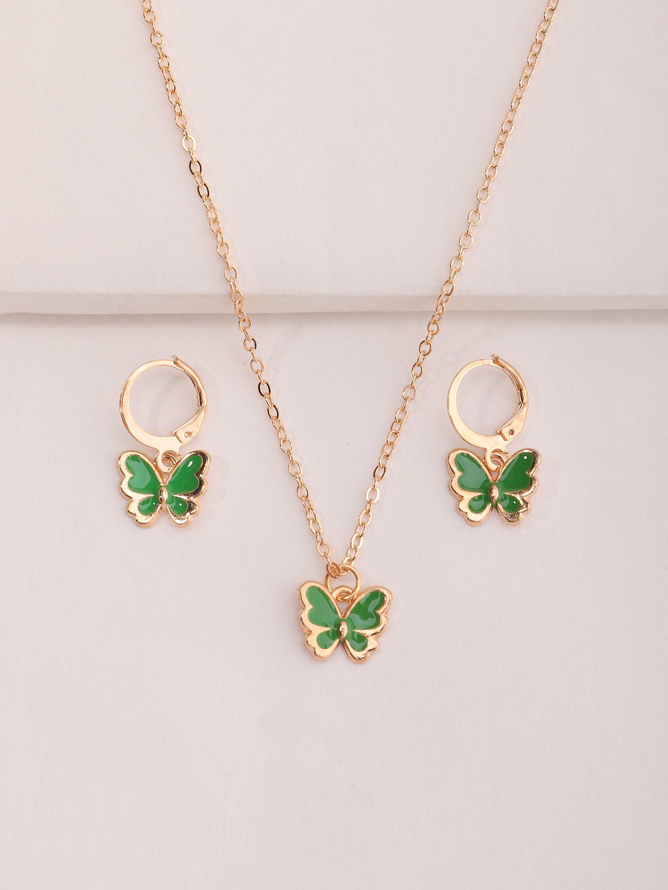 Girls Green Butterfly Pendant Necklace and Earrings Set