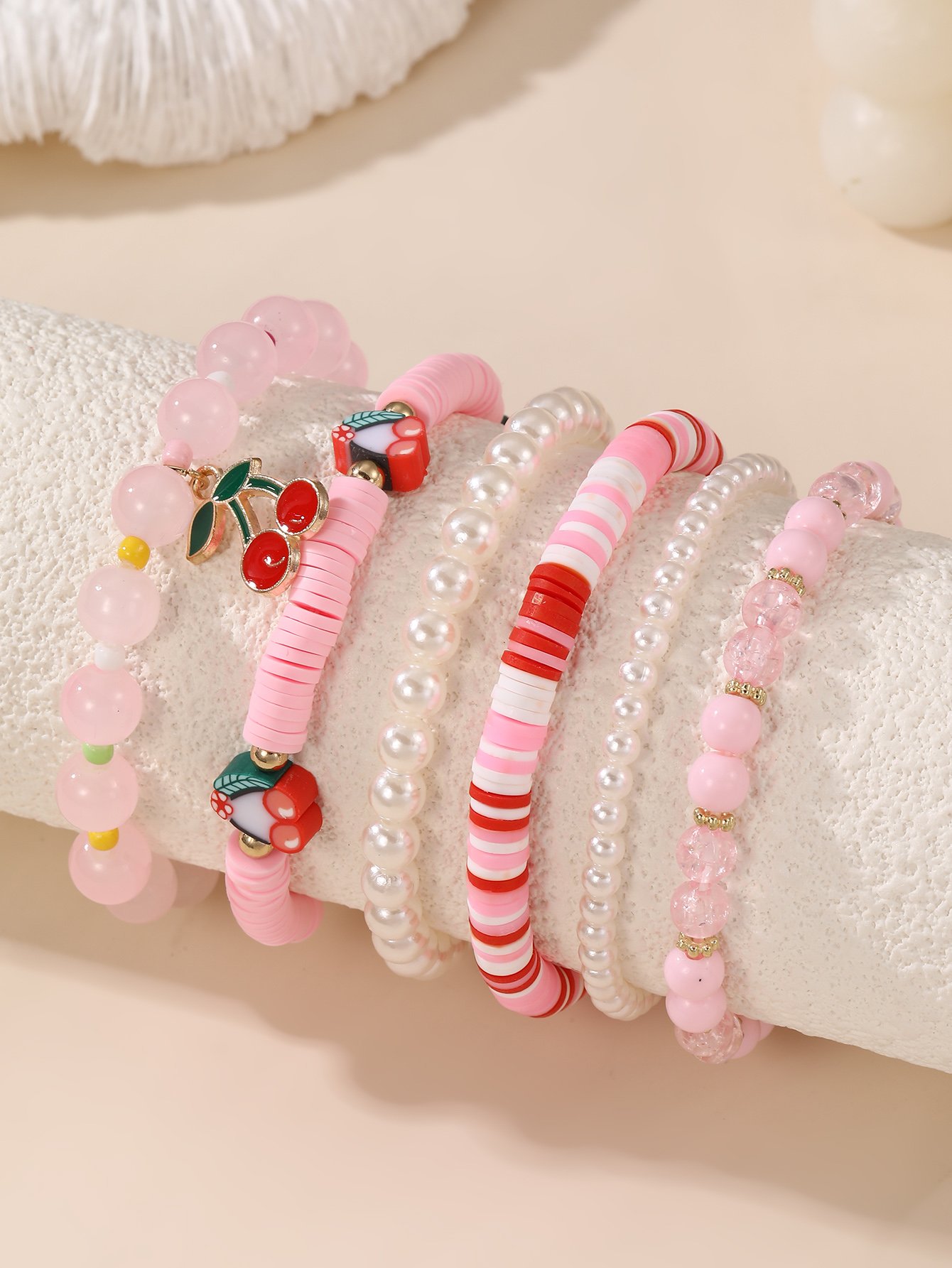 طقم أساور يد خرز للبنات بدلاية كرز - 6 قطع