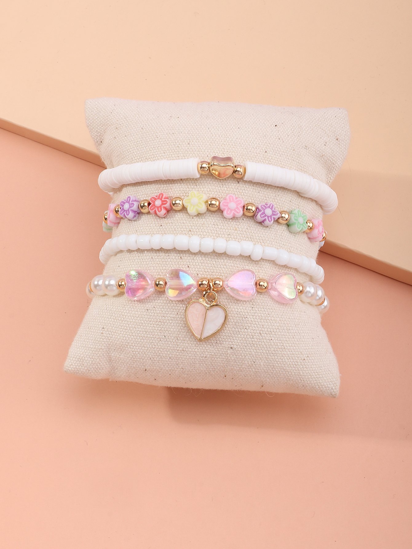 Pack of 4 - Girls Multi-Color Pastel Heart and Flower Charms Beaded Bracelets