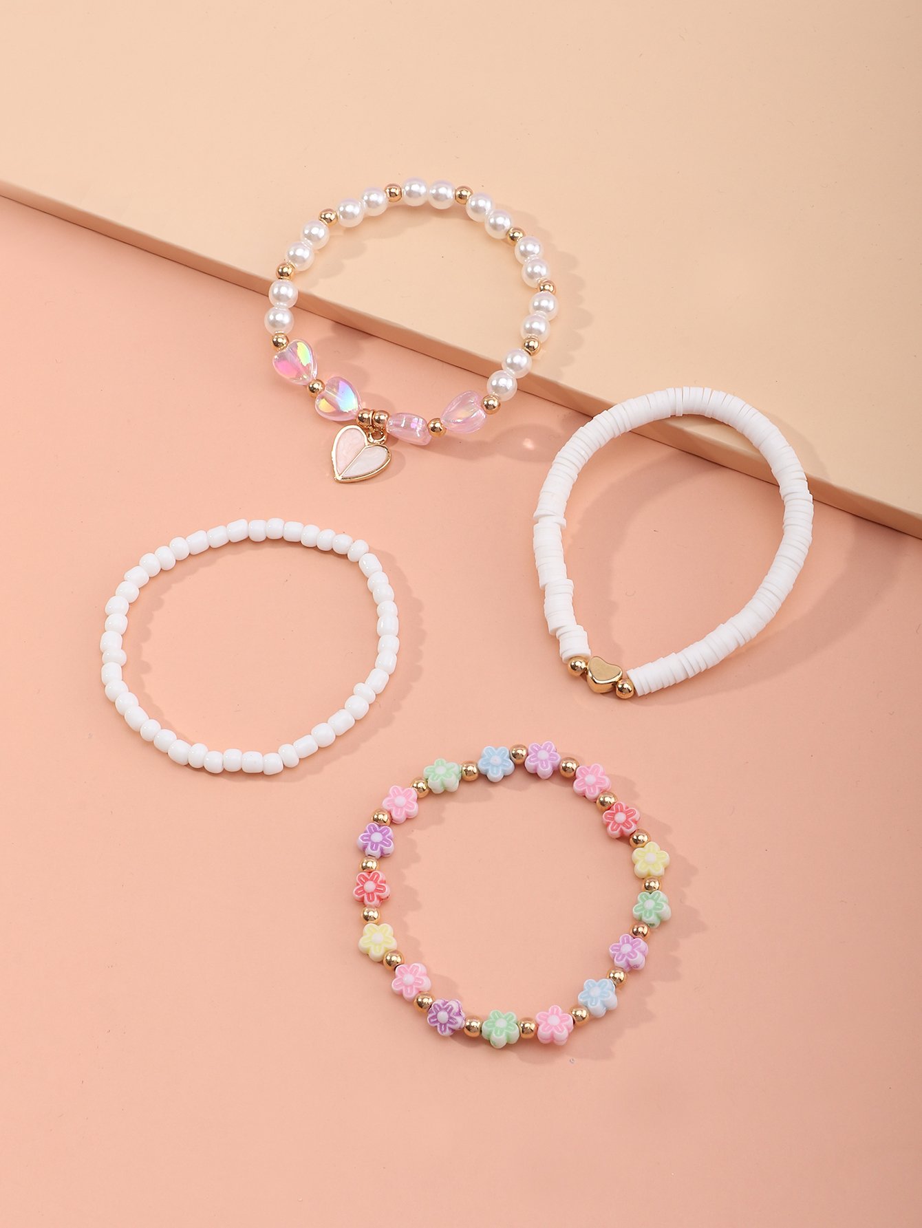 Pack of 4 - Girls Multi-Color Pastel Heart and Flower Charms Beaded Bracelets