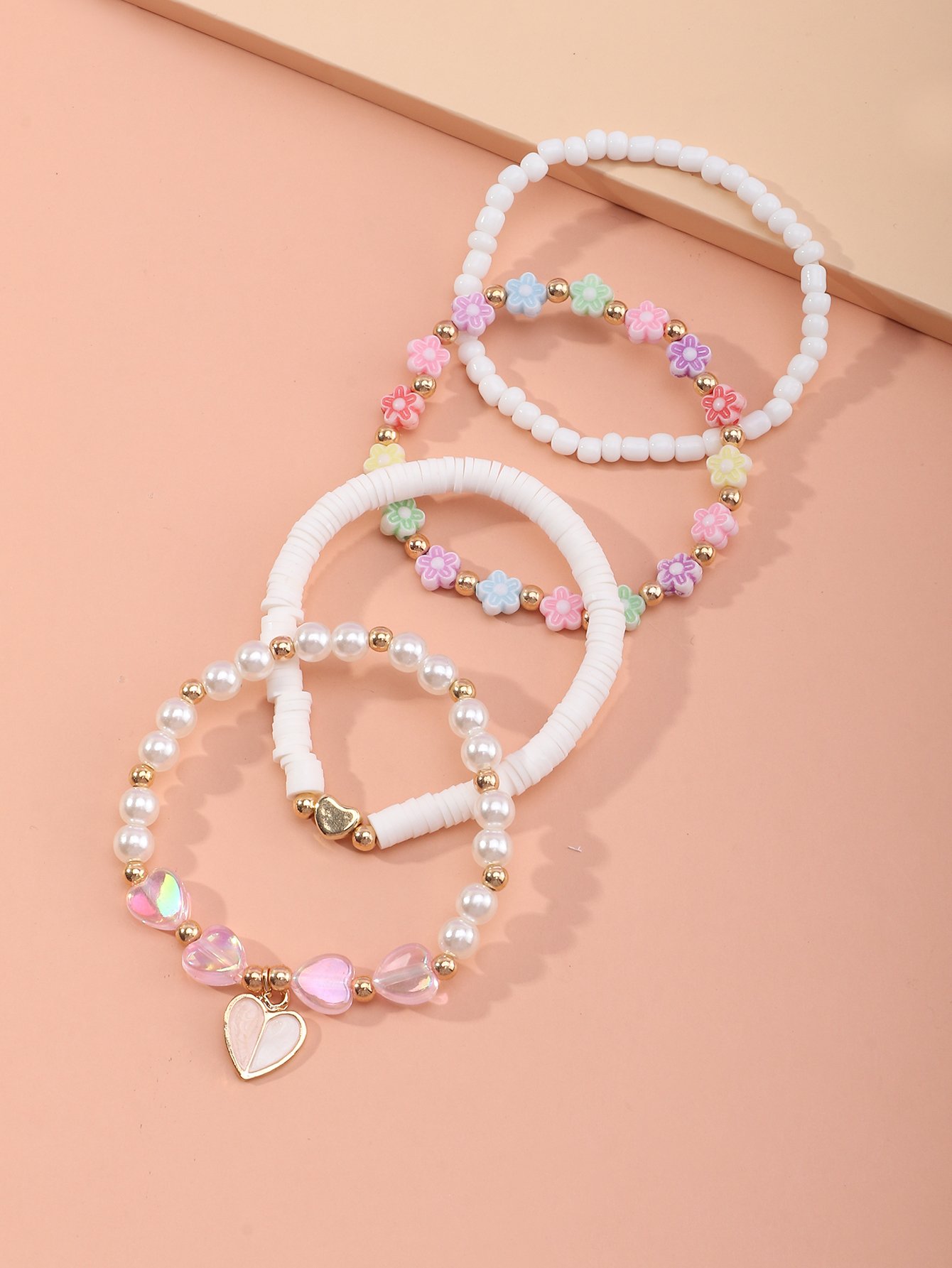 Pack of 4 - Girls Multi-Color Pastel Heart and Flower Charms Beaded Bracelets