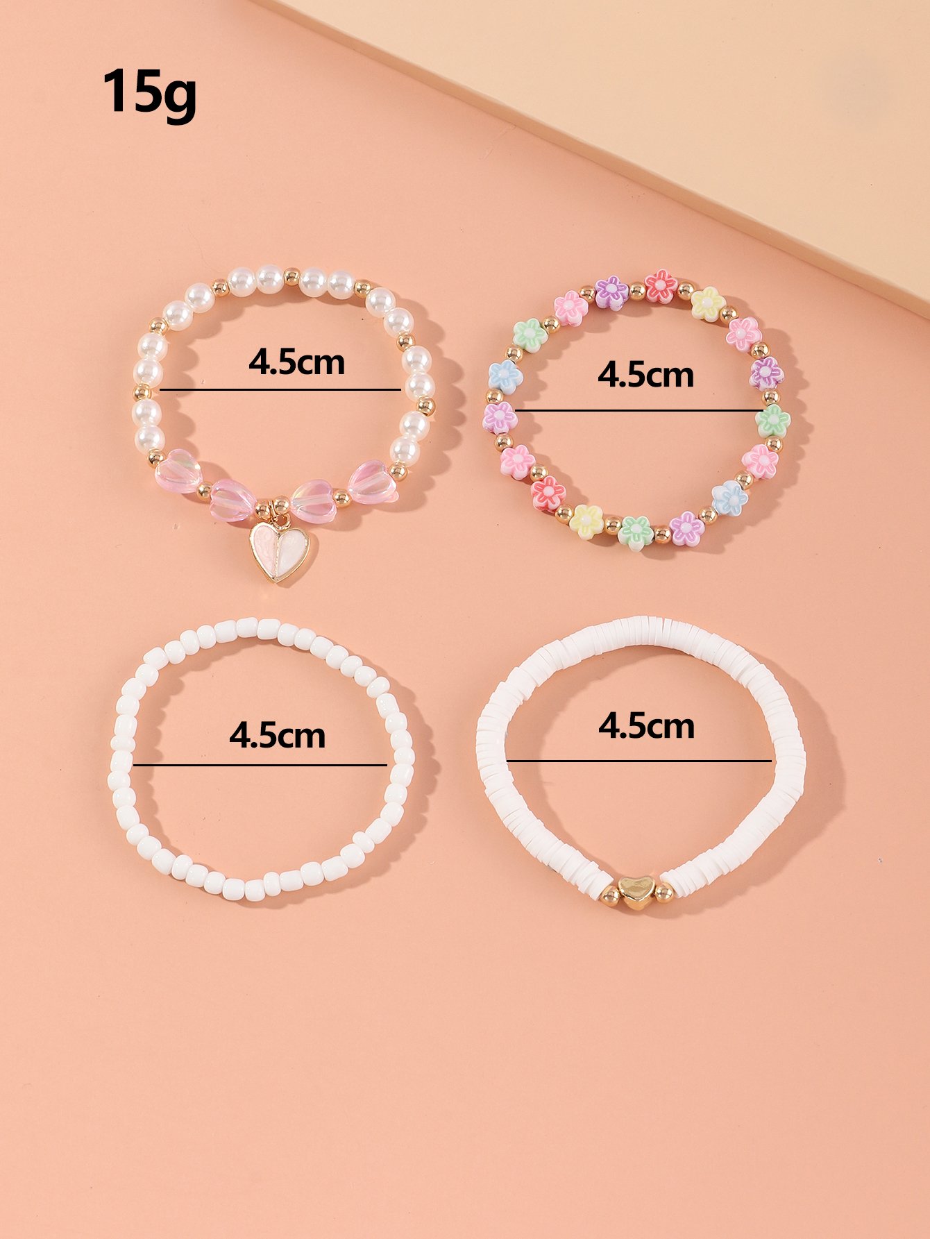 Pack of 4 - Girls Multi-Color Pastel Heart and Flower Charms Beaded Bracelets