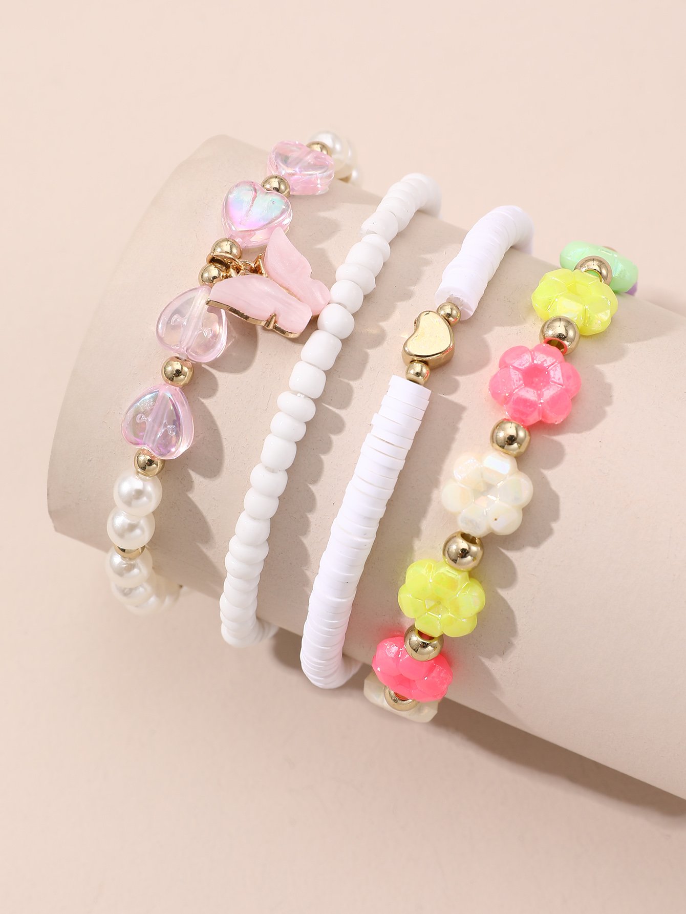 Girls Set of 4 - Butterfly and Heart Beaded Bracelets
