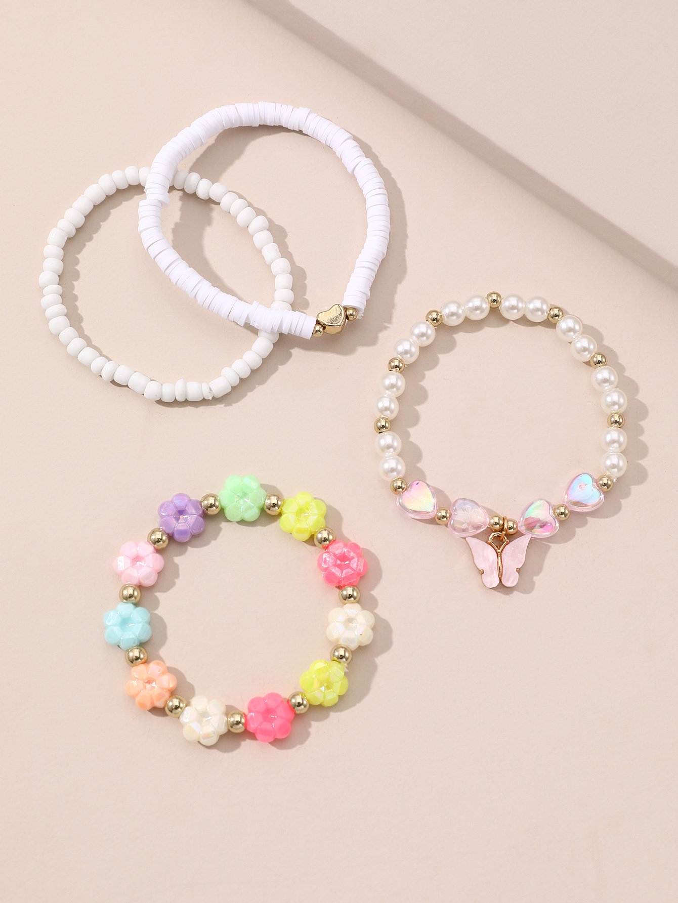 Girls Set of 4 - Butterfly and Heart Beaded Bracelets