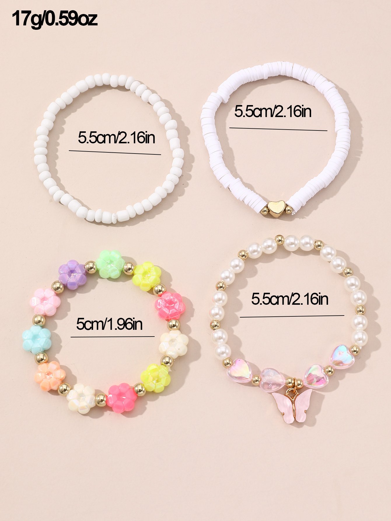 Girls Set of 4 - Butterfly and Heart Beaded Bracelets