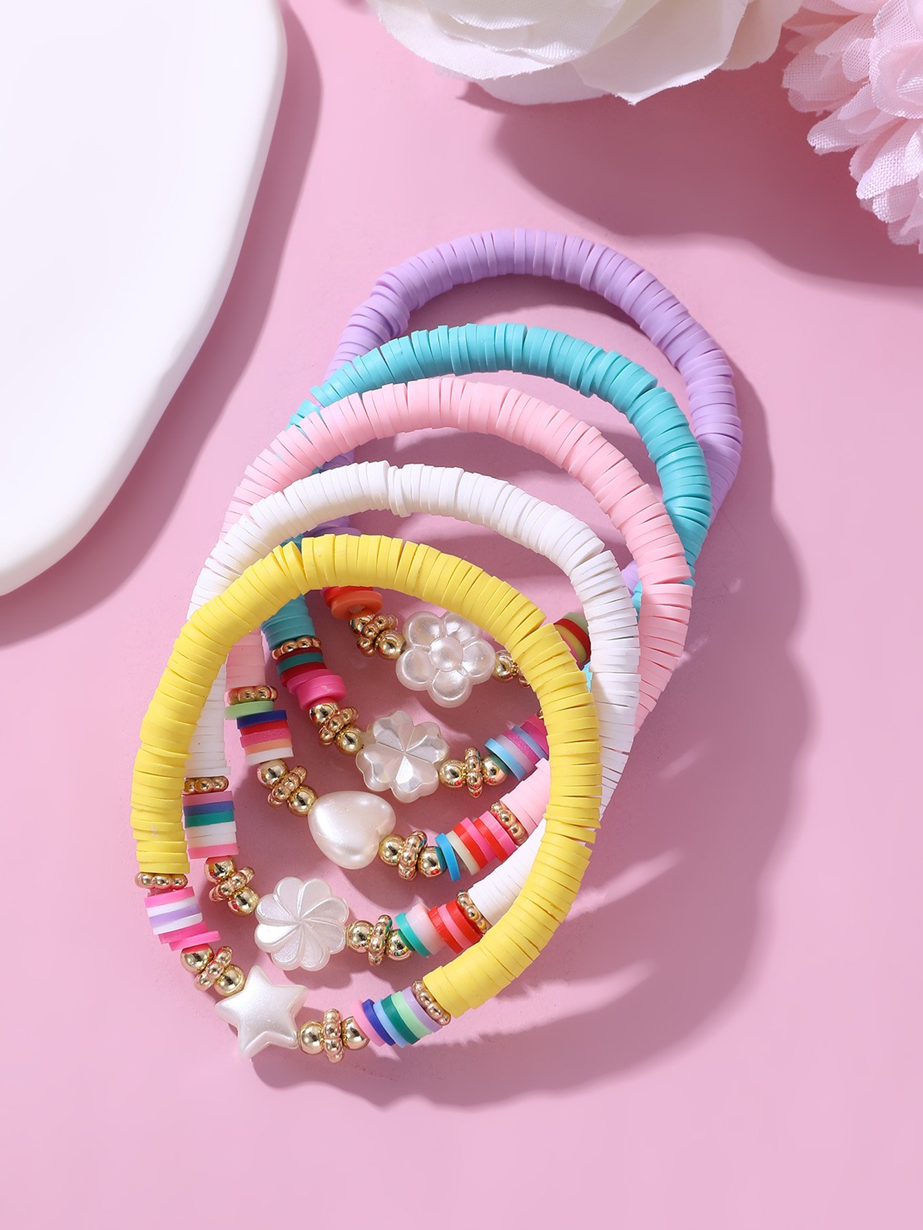 Pack of 5 - Girls Multi-Color Beaded Bracelets with Star and Flower Charms