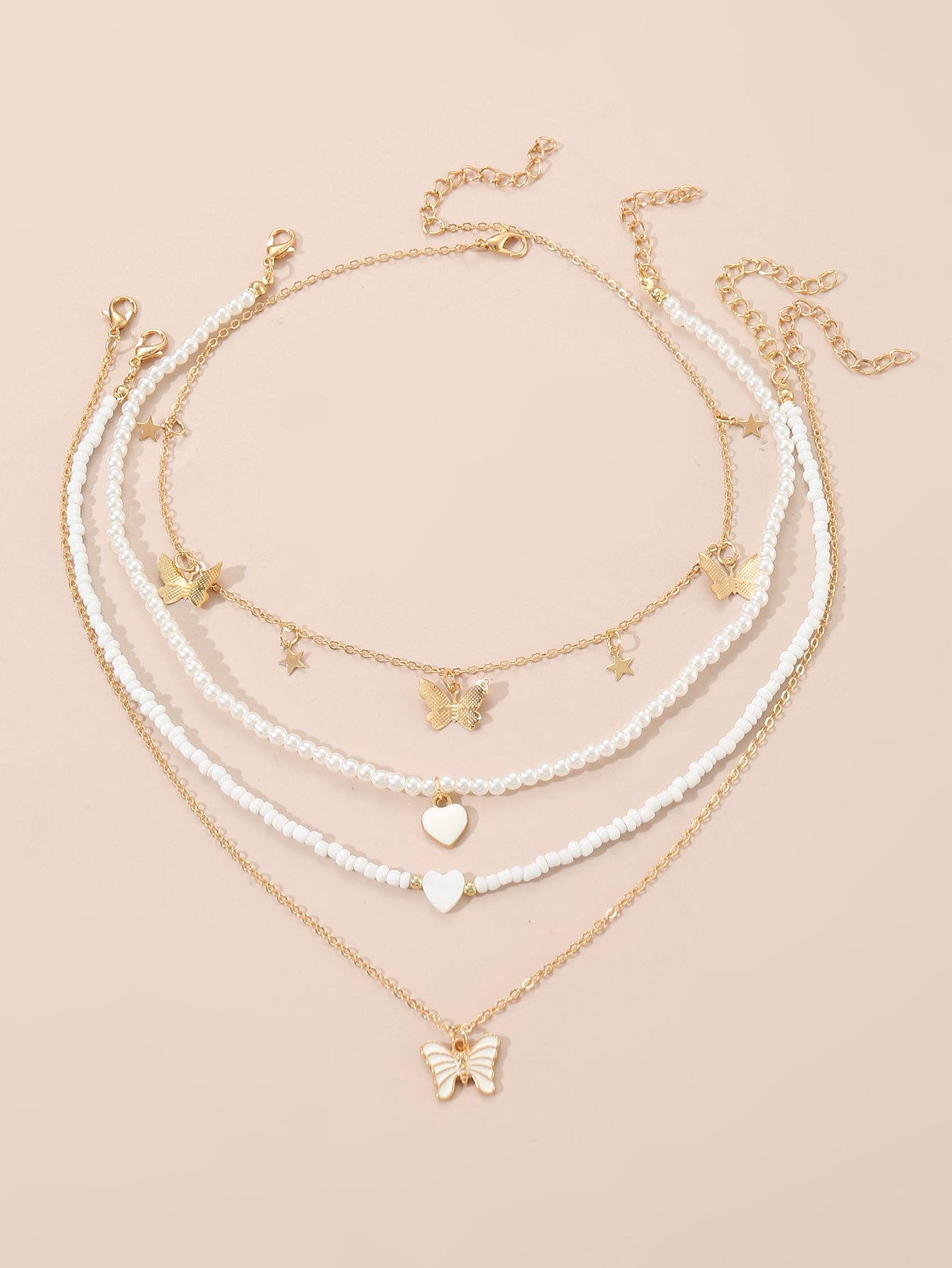 Pack of 4 - Girls Multi-Color Butterfly and Heart Charm Necklaces
