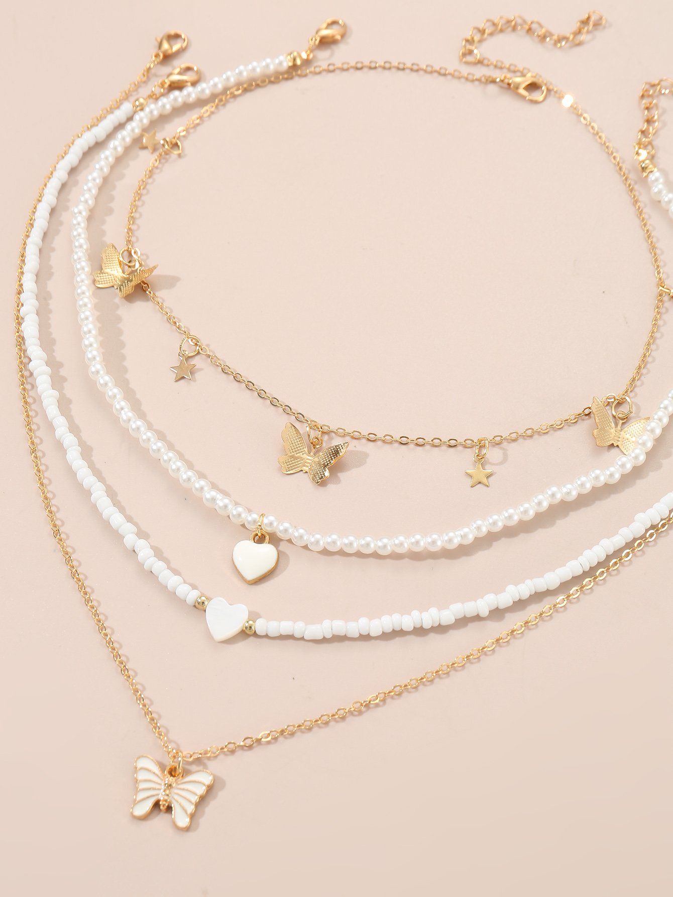Pack of 4 - Girls Multi-Color Butterfly and Heart Charm Necklaces