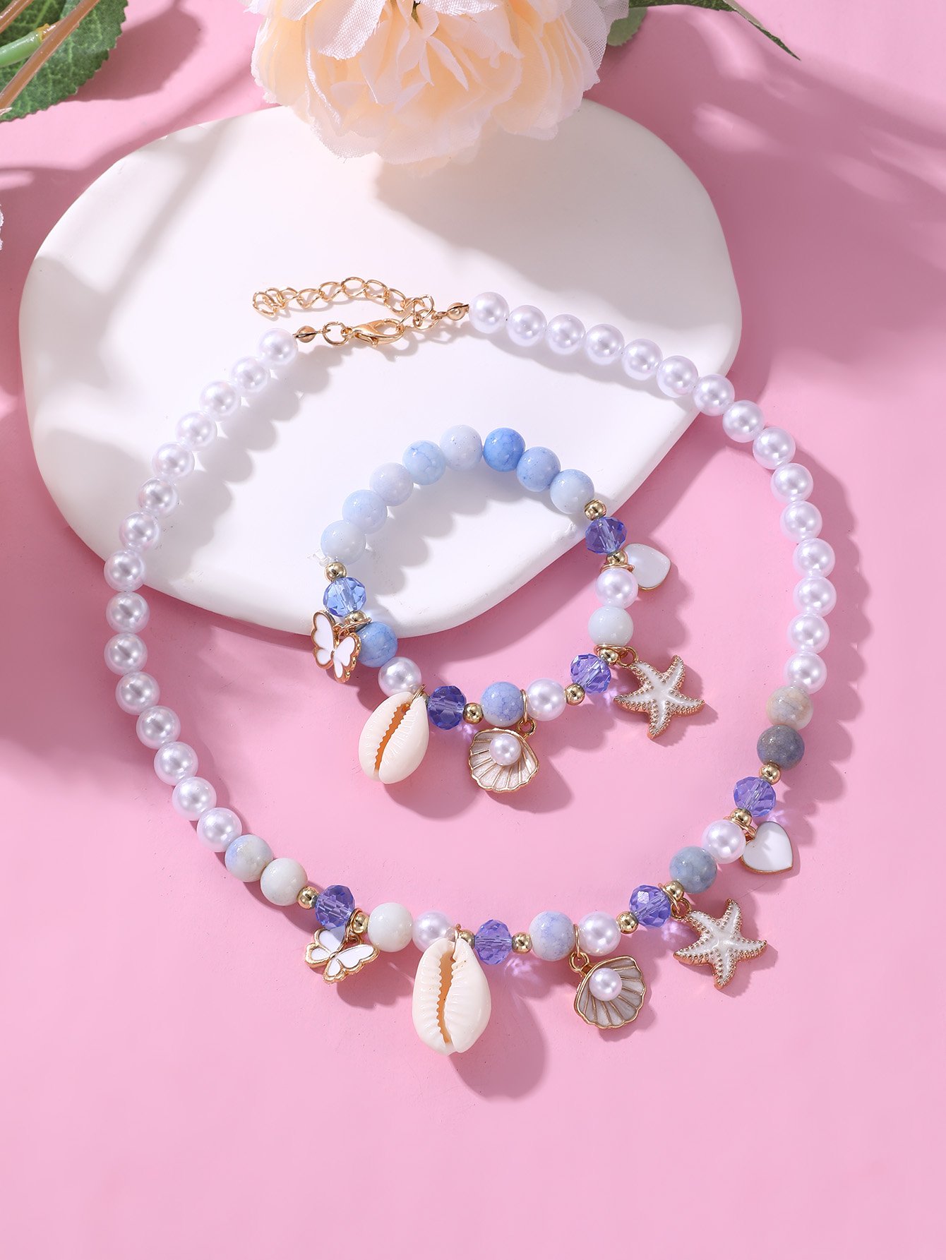 Girls Multi-Color Pearl and Multi Charms Necklace and Bracelet Set