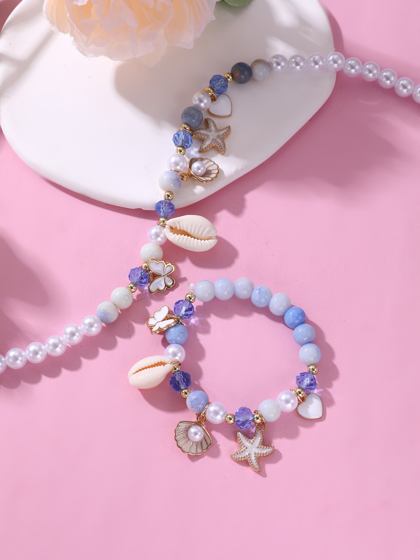 Girls Multi-Color Pearl and Multi Charms Necklace and Bracelet Set