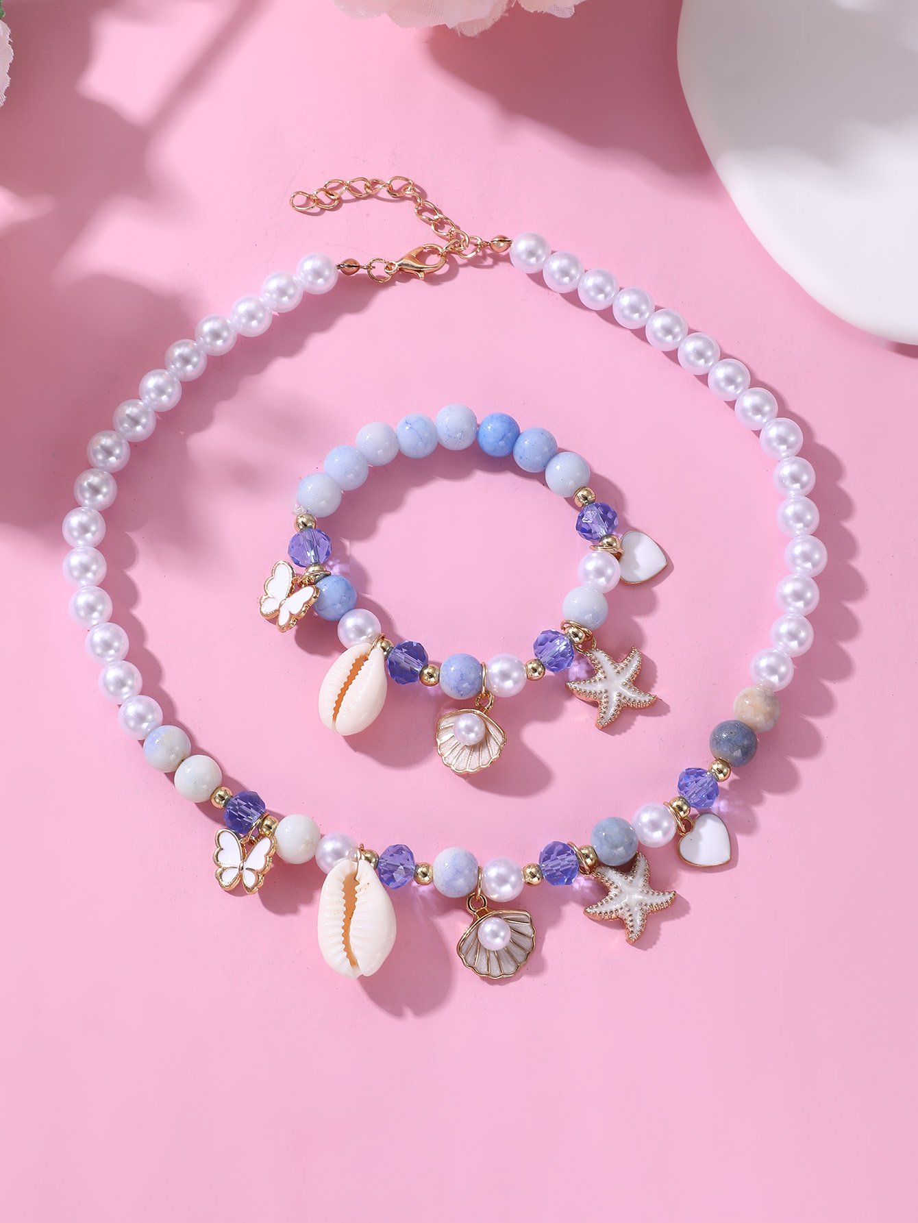 Girls Multi-Color Pearl and Multi Charms Necklace and Bracelet Set