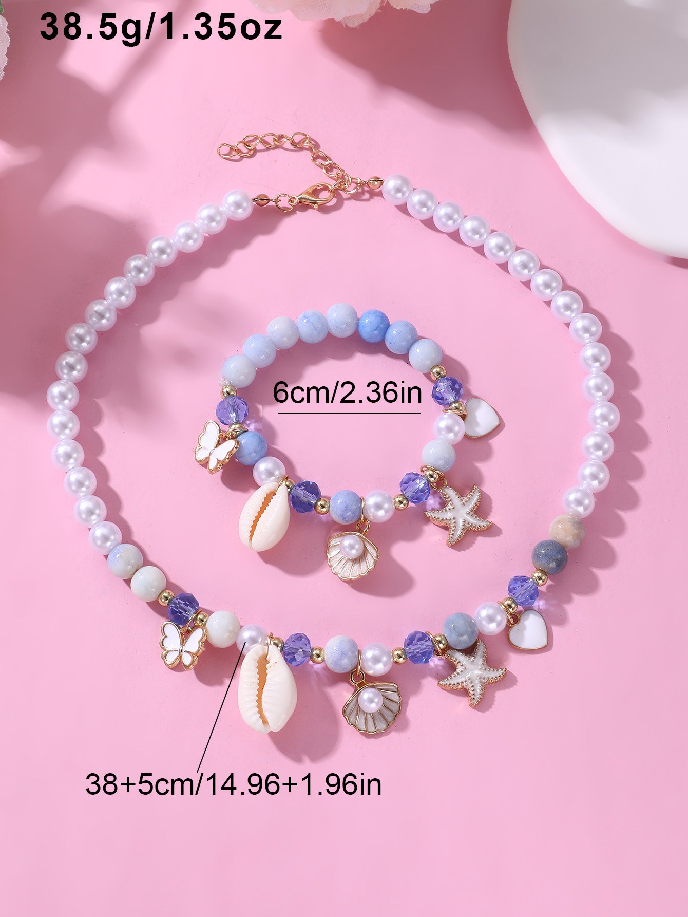 Girls Multi-Color Pearl and Multi Charms Necklace and Bracelet Set