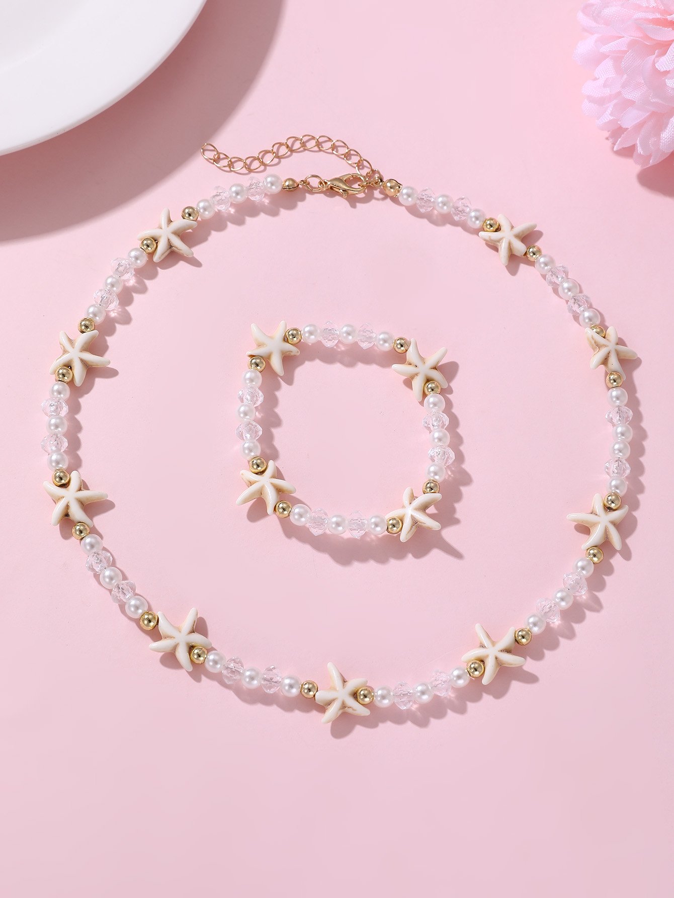 Girls White Starfish Charm Beaded Necklace and Bracelet Set
