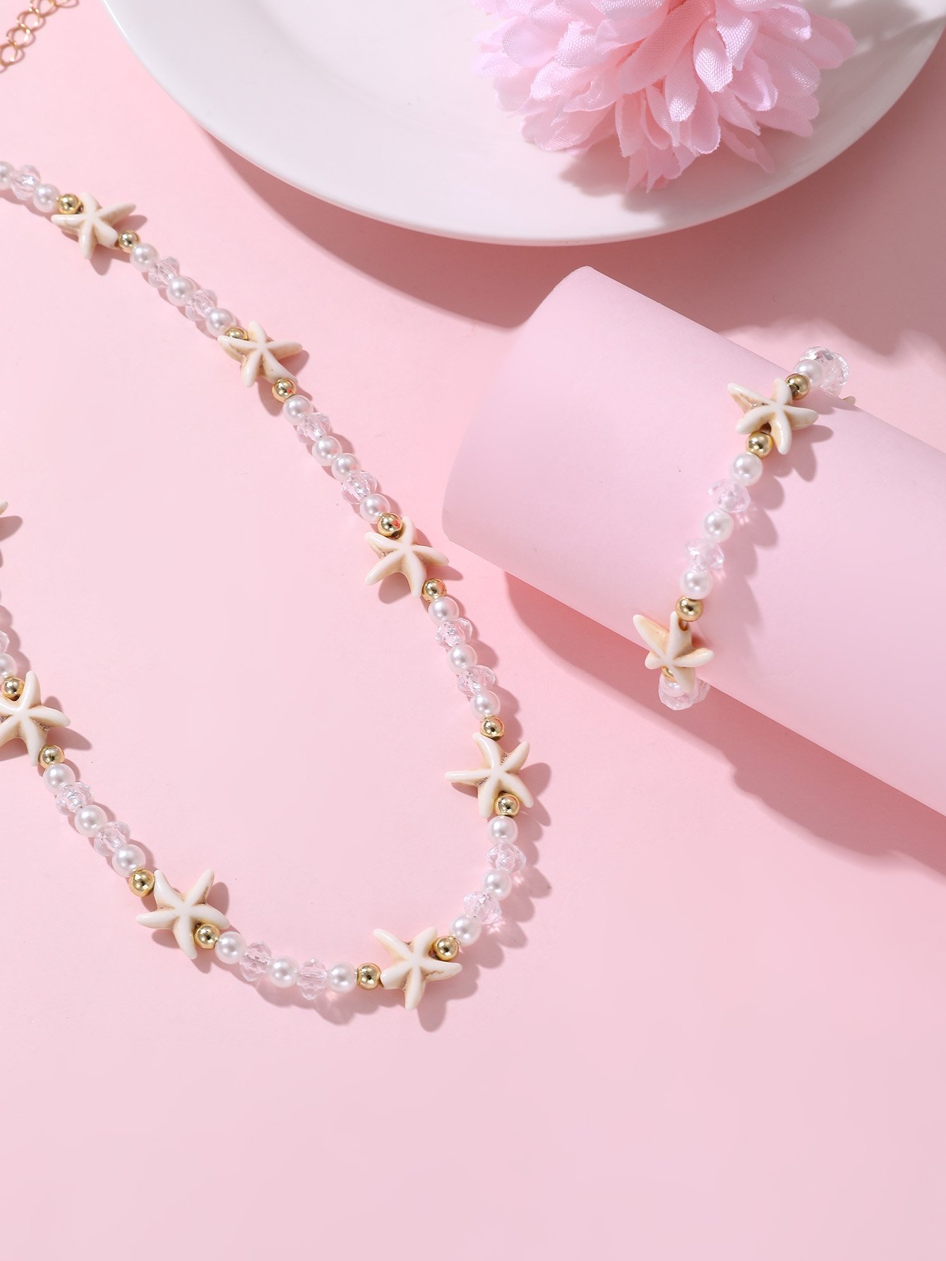 Girls White Starfish Charm Beaded Necklace and Bracelet Set