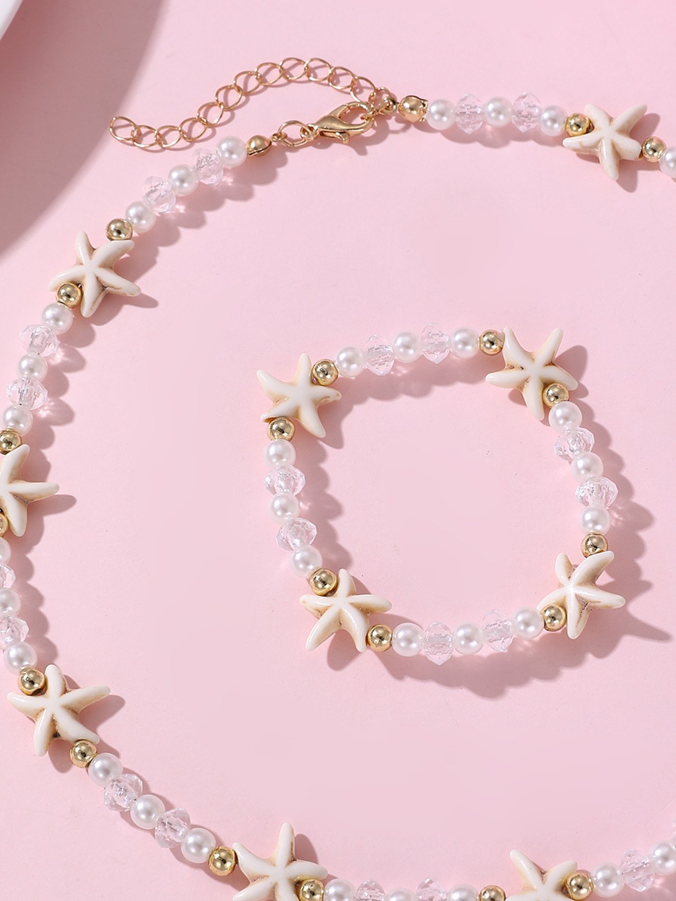 Girls White Starfish Charm Beaded Necklace and Bracelet Set