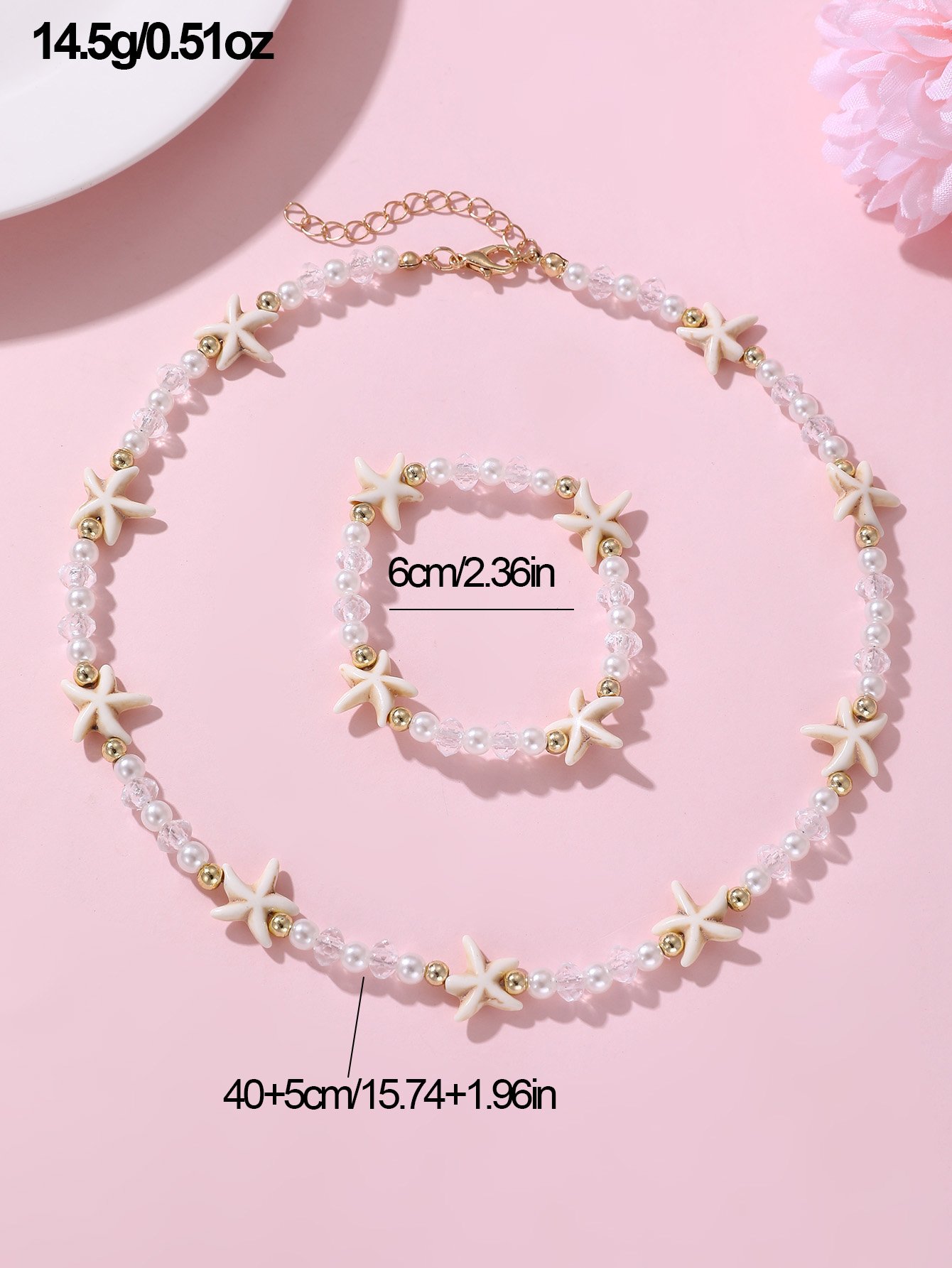 Girls White Starfish Charm Beaded Necklace and Bracelet Set