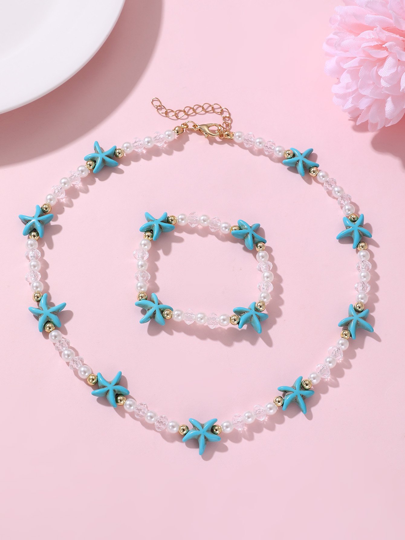 Girls Blue Starfish Charm Beaded Necklace and Bracelet Set