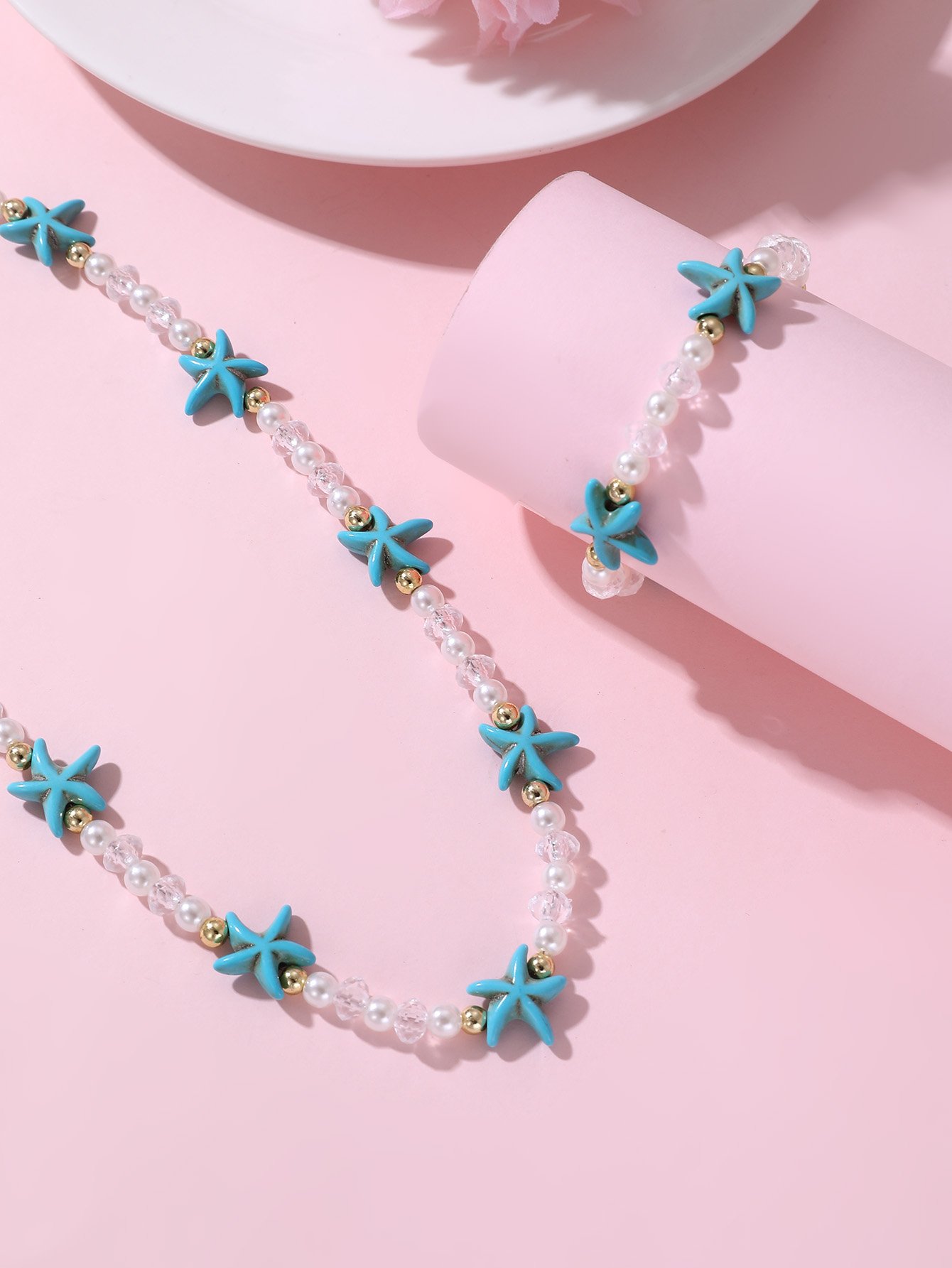 Girls Blue Starfish Charm Beaded Necklace and Bracelet Set