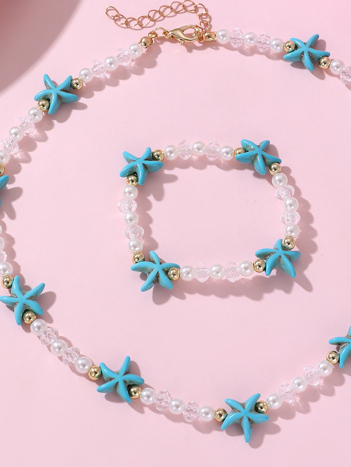 Girls Blue Starfish Charm Beaded Necklace and Bracelet Set