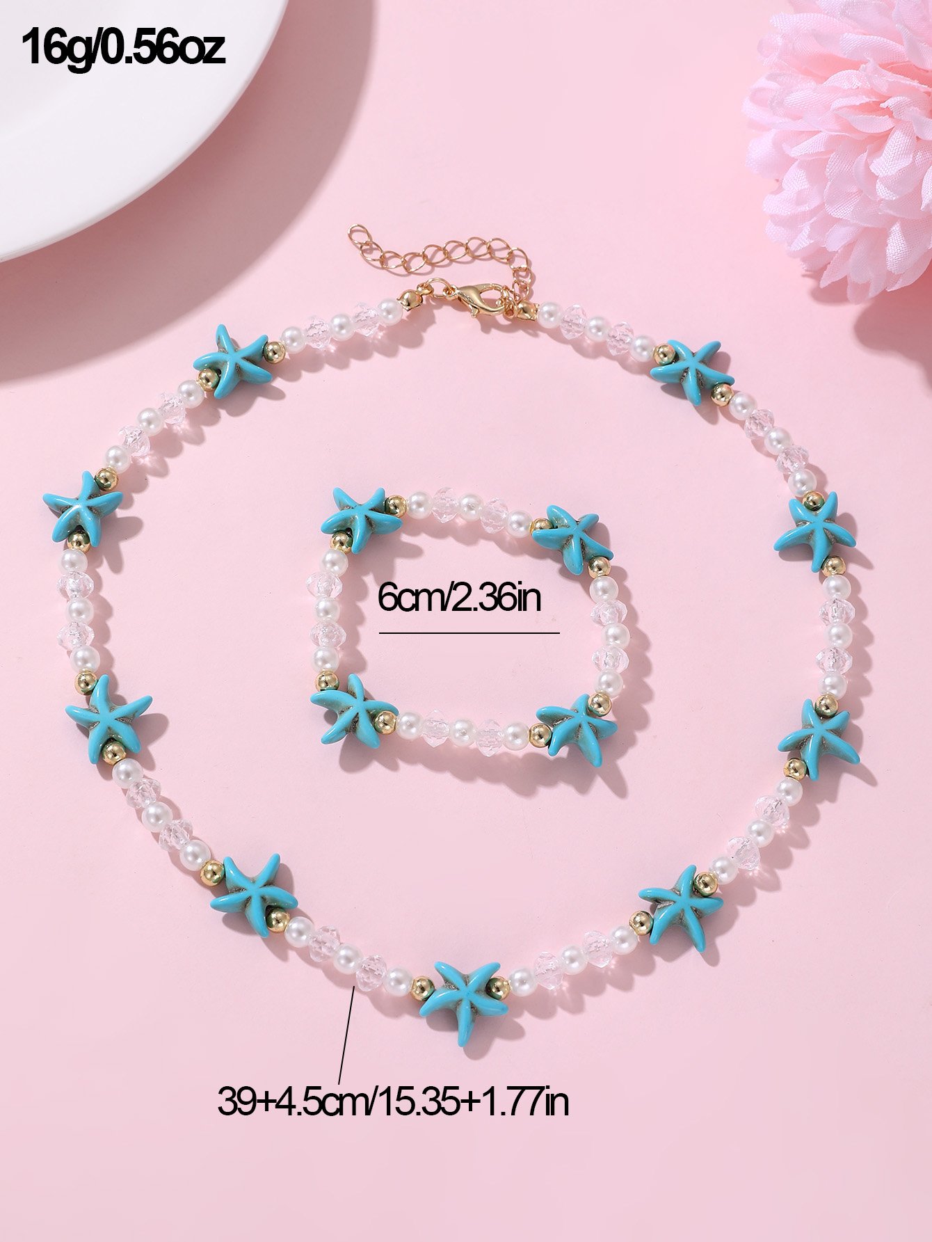 Girls Blue Starfish Charm Beaded Necklace and Bracelet Set