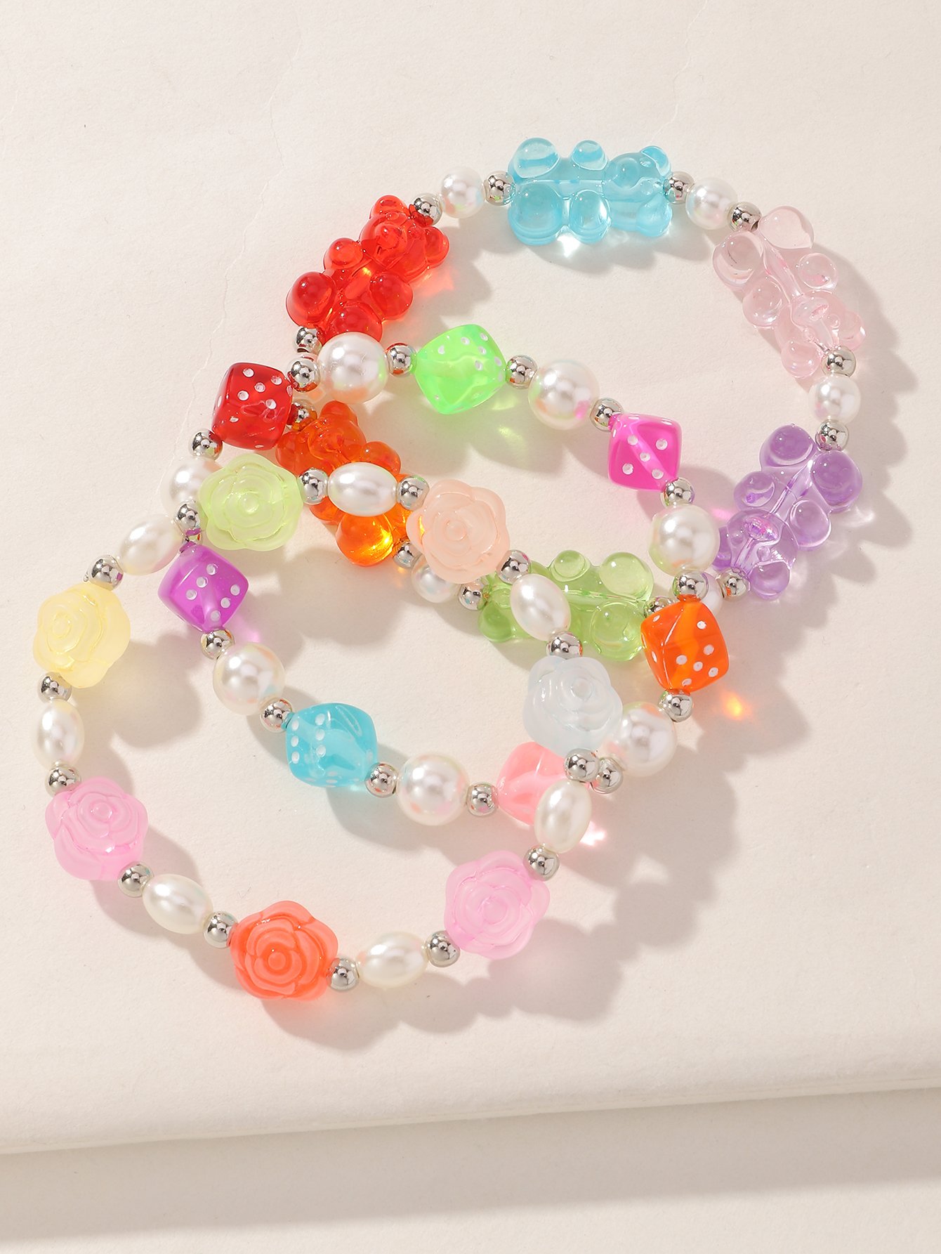 Pack of 3 - Girls Multi-Color Beaded Bracelets with Multi Charms