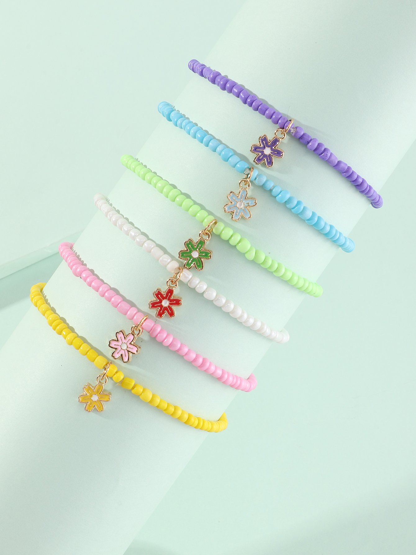 Pack of 6 - Girls Multi-Color Flower Charm Beaded Bracelets