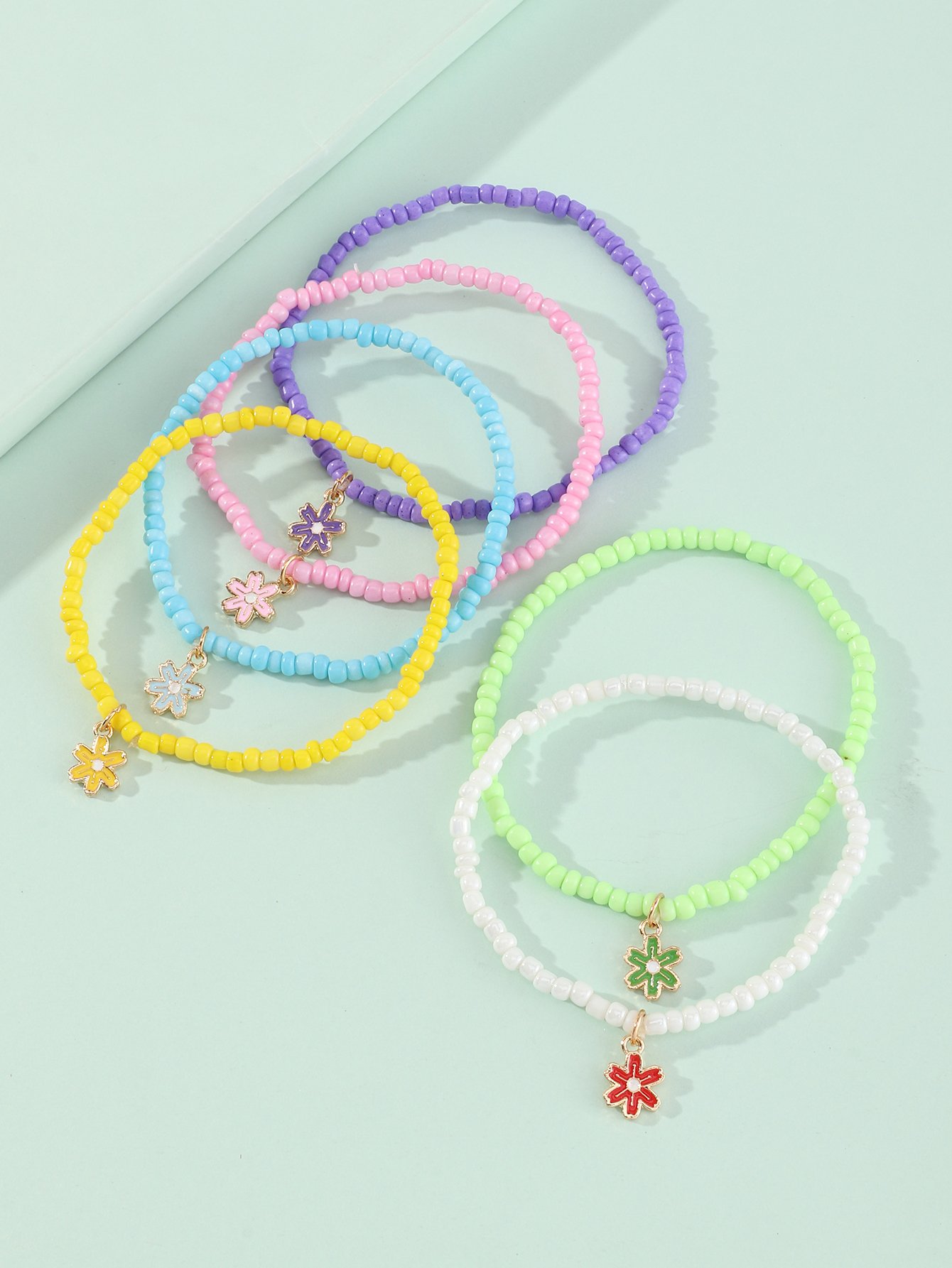 Pack of 6 - Girls Multi-Color Flower Charm Beaded Bracelets