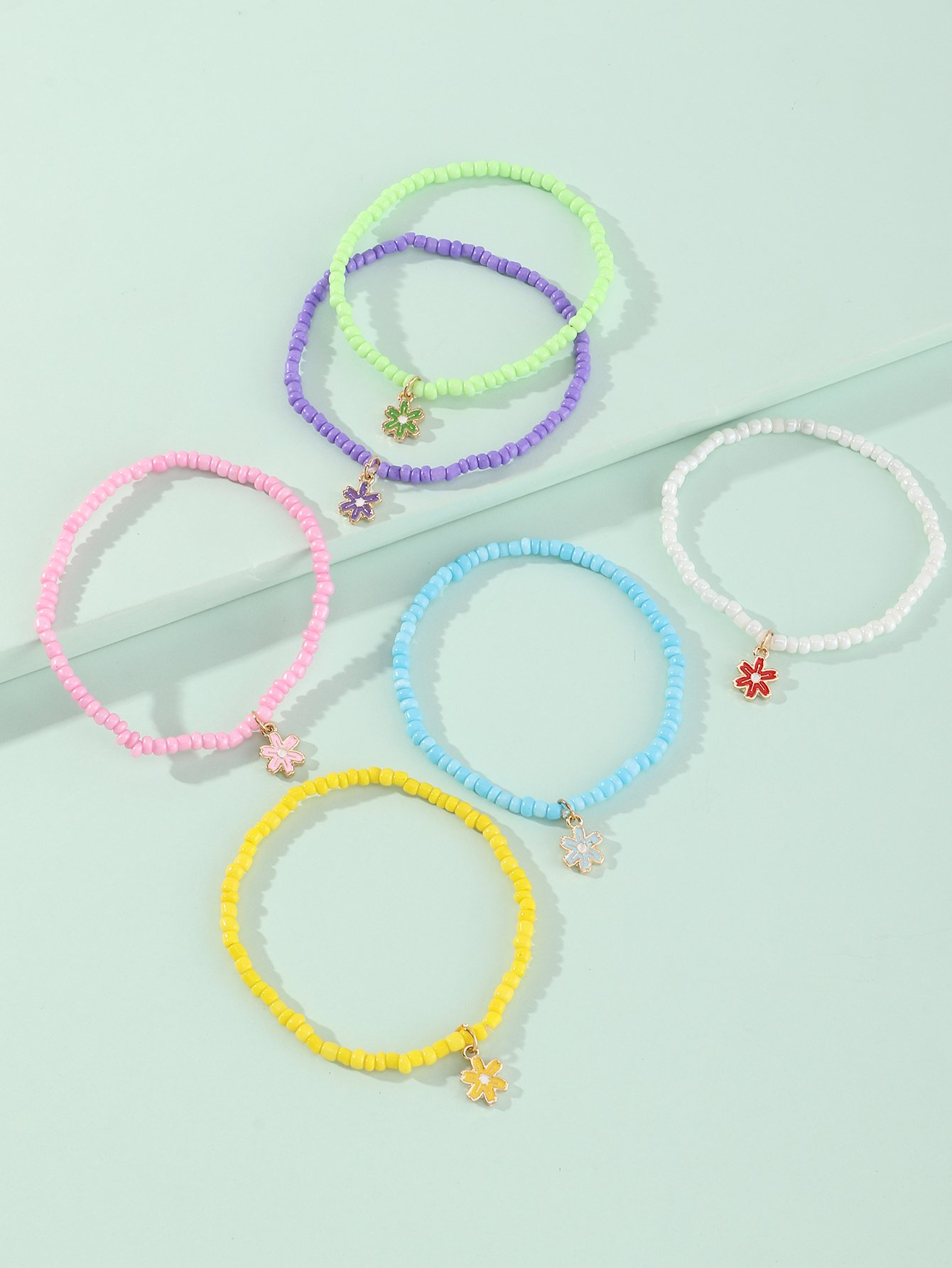 Pack of 6 - Girls Multi-Color Flower Charm Beaded Bracelets
