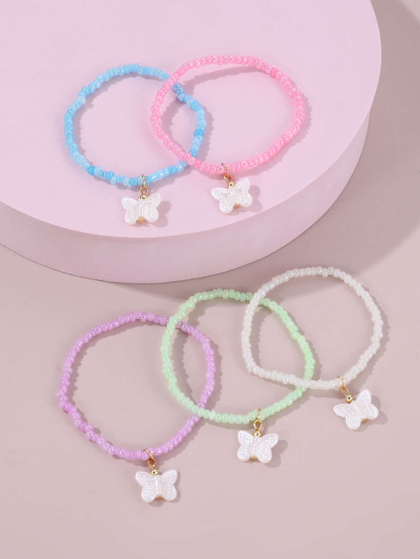 Pack of 5 - Girls Multi-Color Butterfly Charm Beaded Bracelets