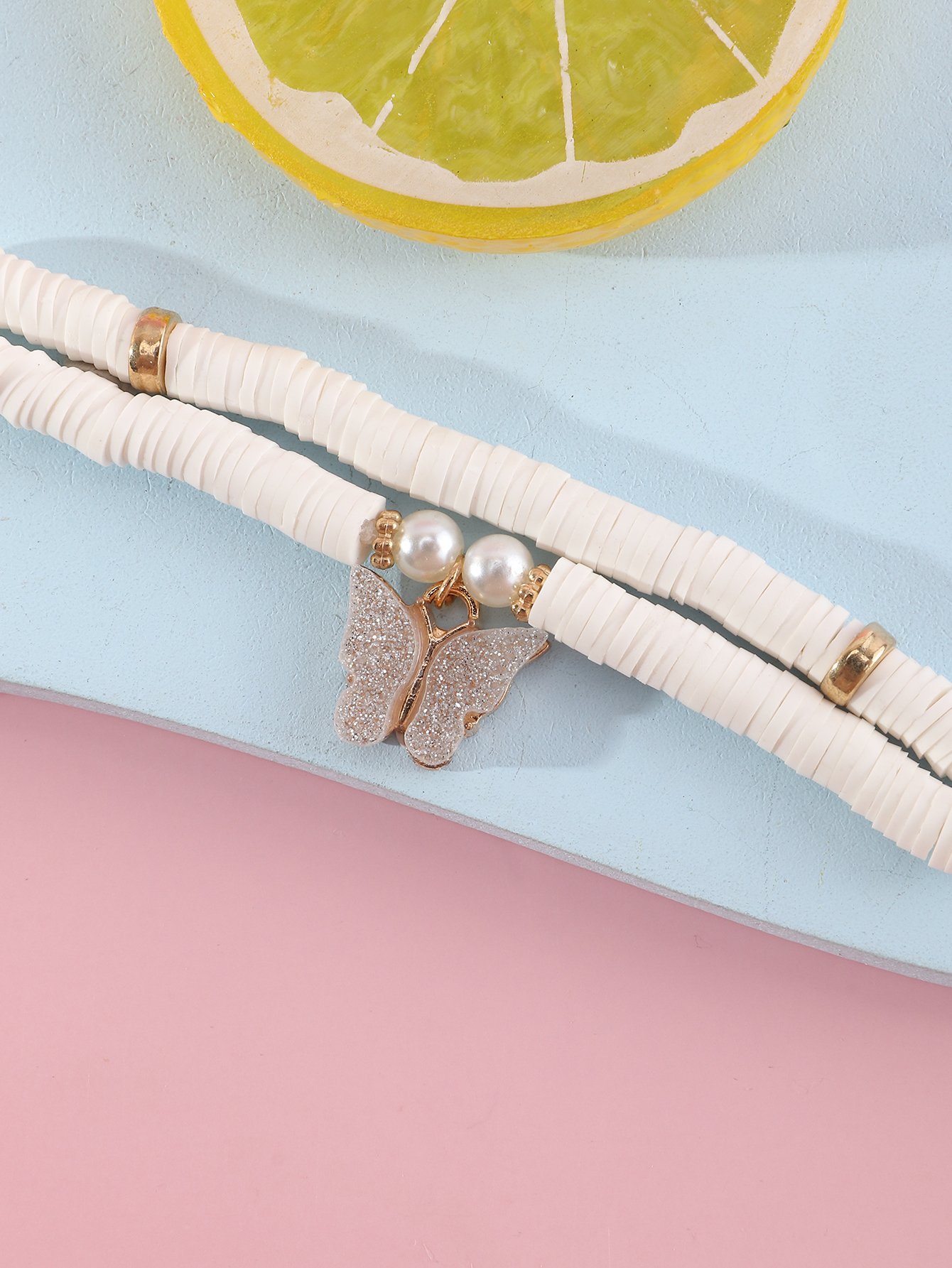 Girls White Sequin Butterfly Charm Beaded Bracelet