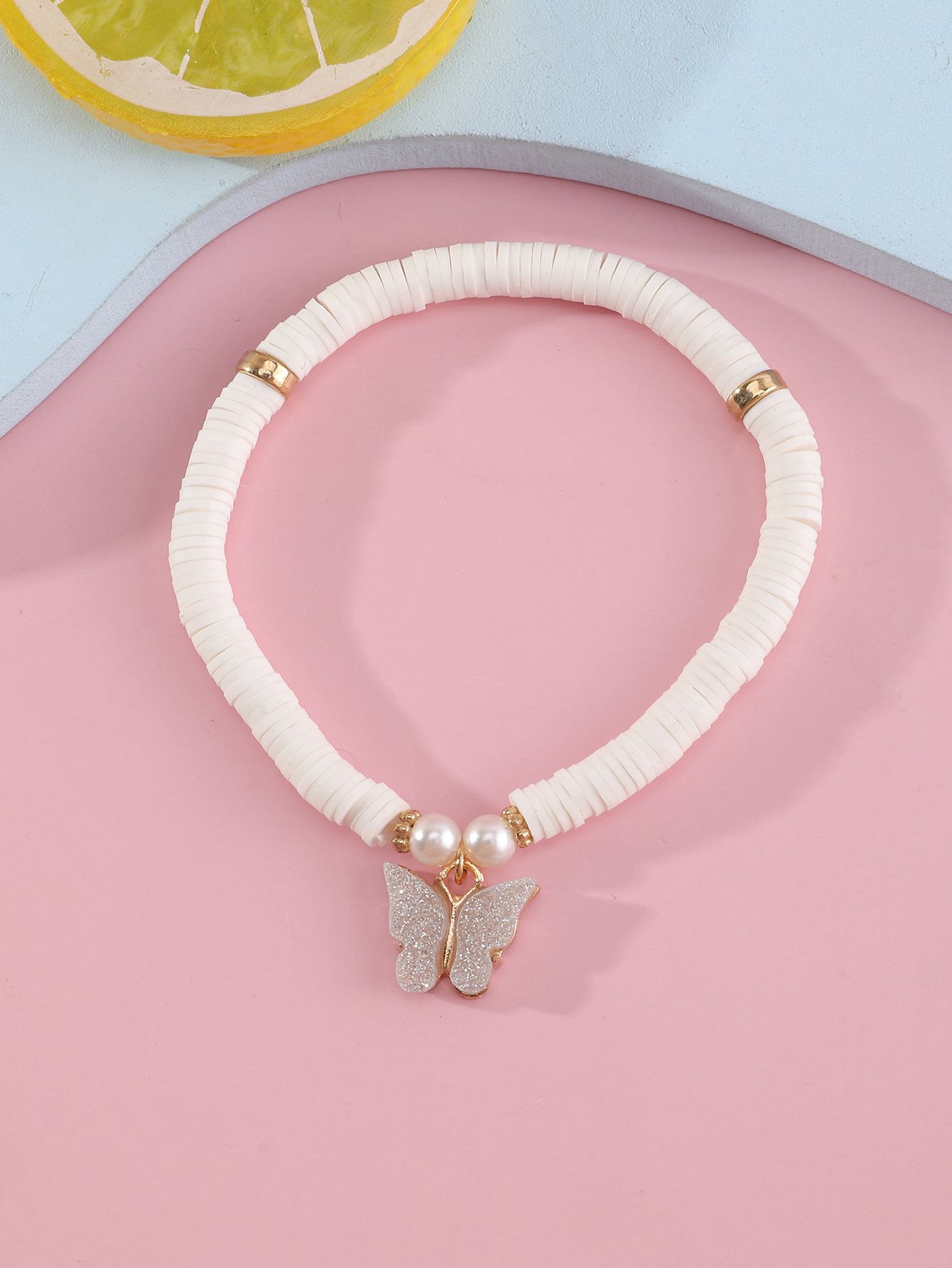 Girls White Sequin Butterfly Charm Beaded Bracelet