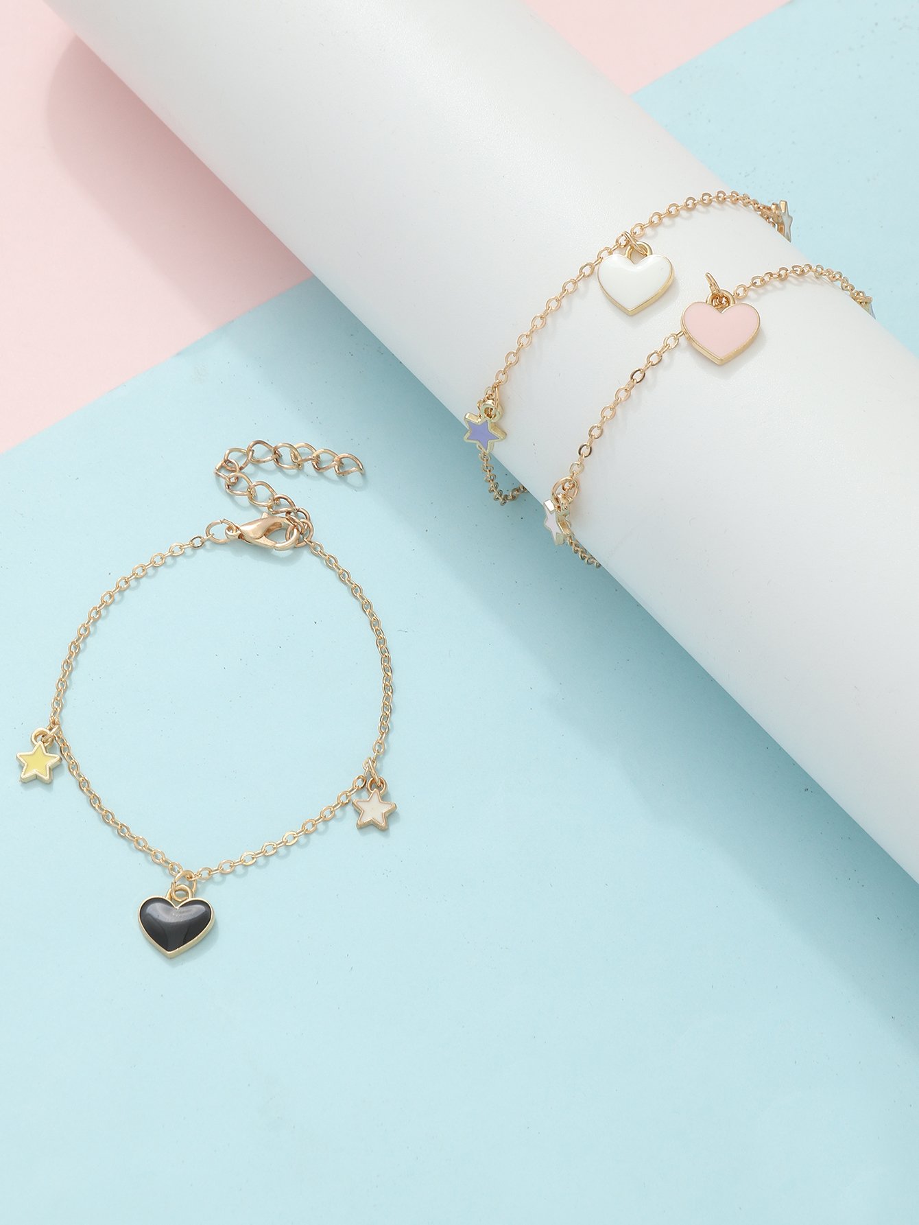 Pack of 3 - Girls Gold Tone Star and Heart Charm Bracelets