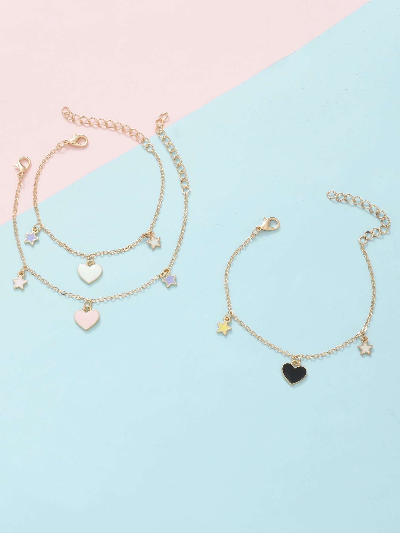 Pack of 3 - Girls Gold Tone Star and Heart Charm Bracelets