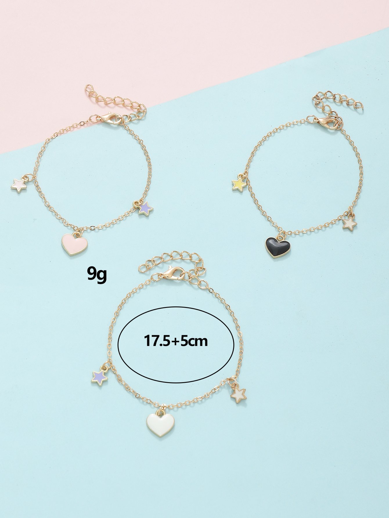 Pack of 3 - Girls Gold Tone Star and Heart Charm Bracelets