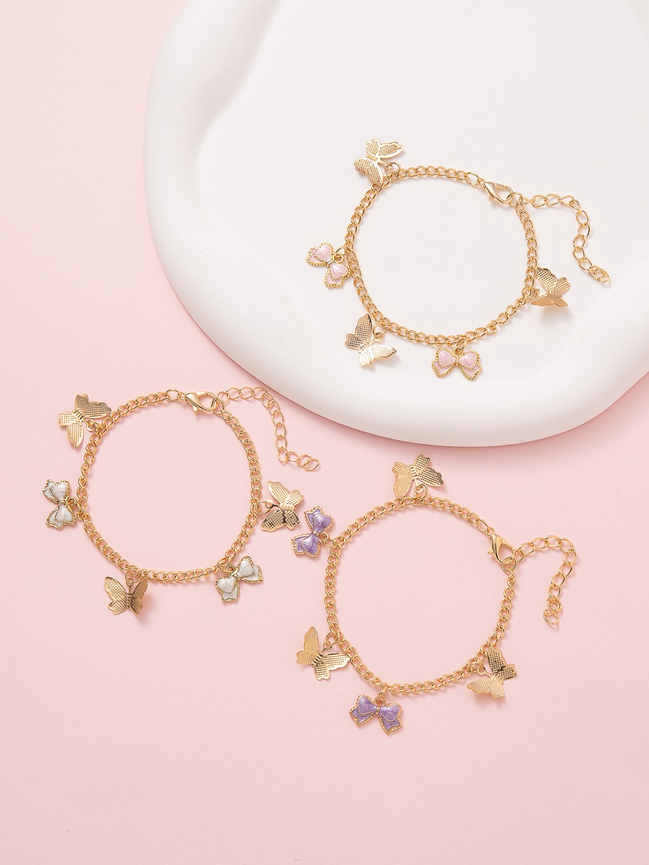 Pack of 3 - Gilrs Gold Tone Butterfly and Bow Charms Chain Bracelets